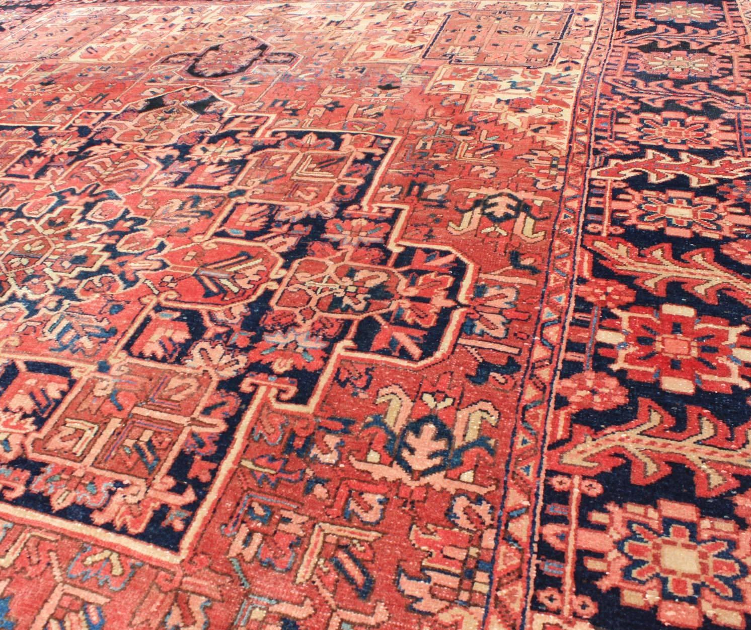 Persian Heriz Rug with Stylized Geometric Medallion in Rust Red, Ivory and Blue 3