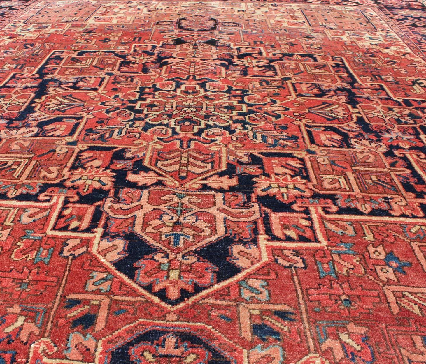 Persian Heriz Rug with Stylized Geometric Medallion in Rust Red, Ivory and Blue 4