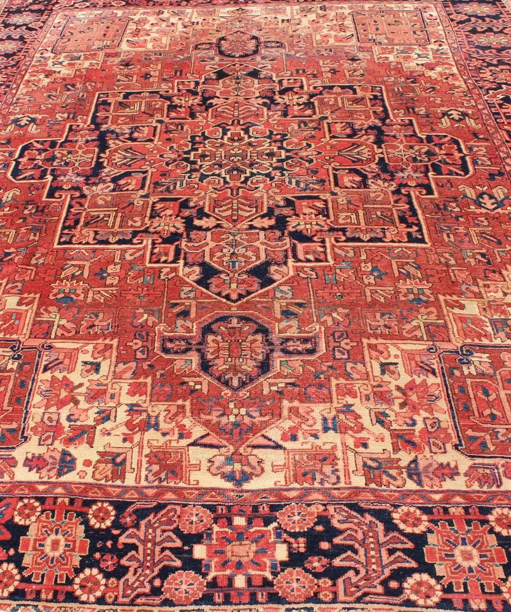 Persian Heriz Rug with Stylized Geometric Medallion in Rust Red, Ivory and Blue 5