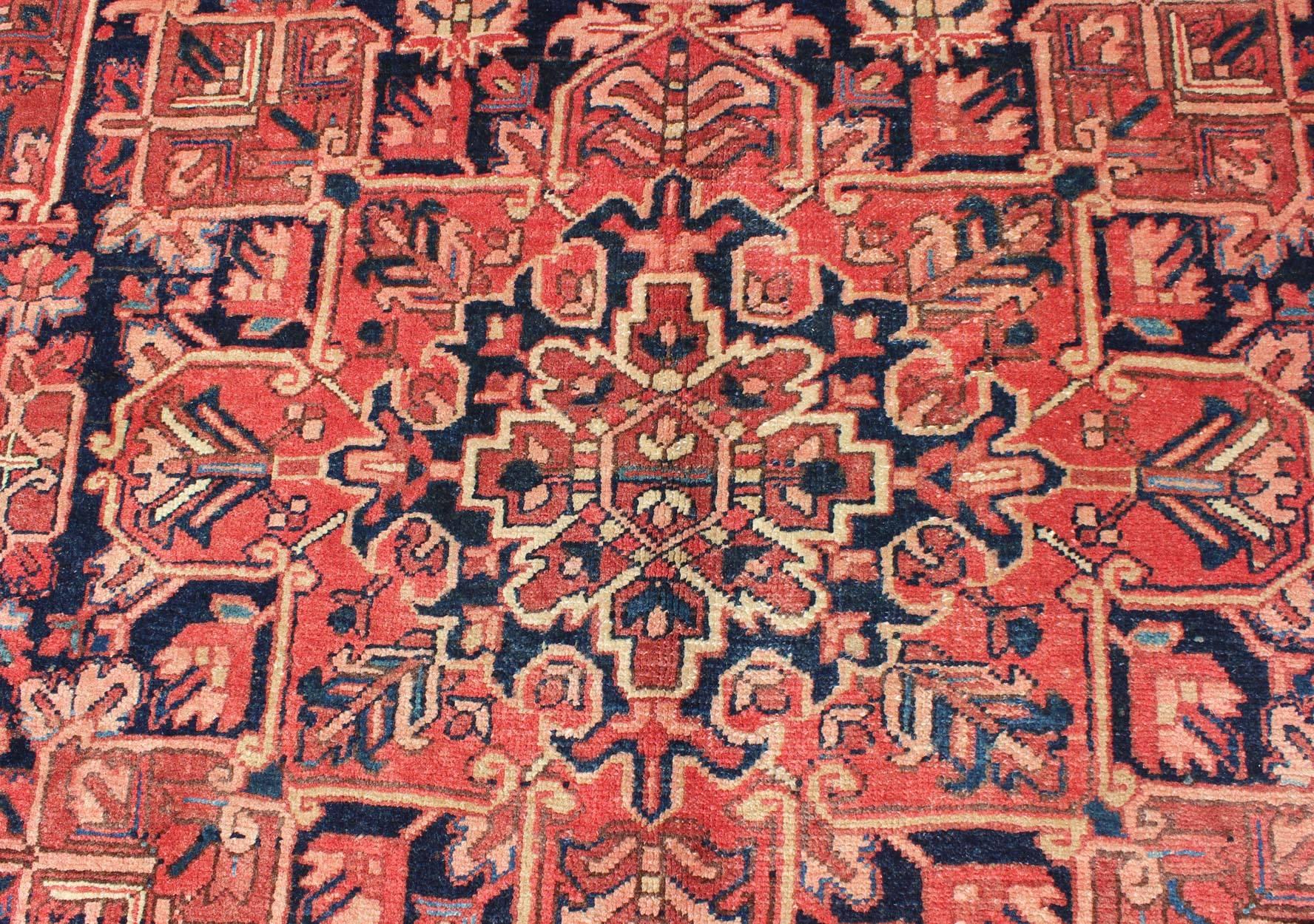 Persian Heriz Rug with Stylized Geometric Medallion in Rust Red, Ivory and Blue 6