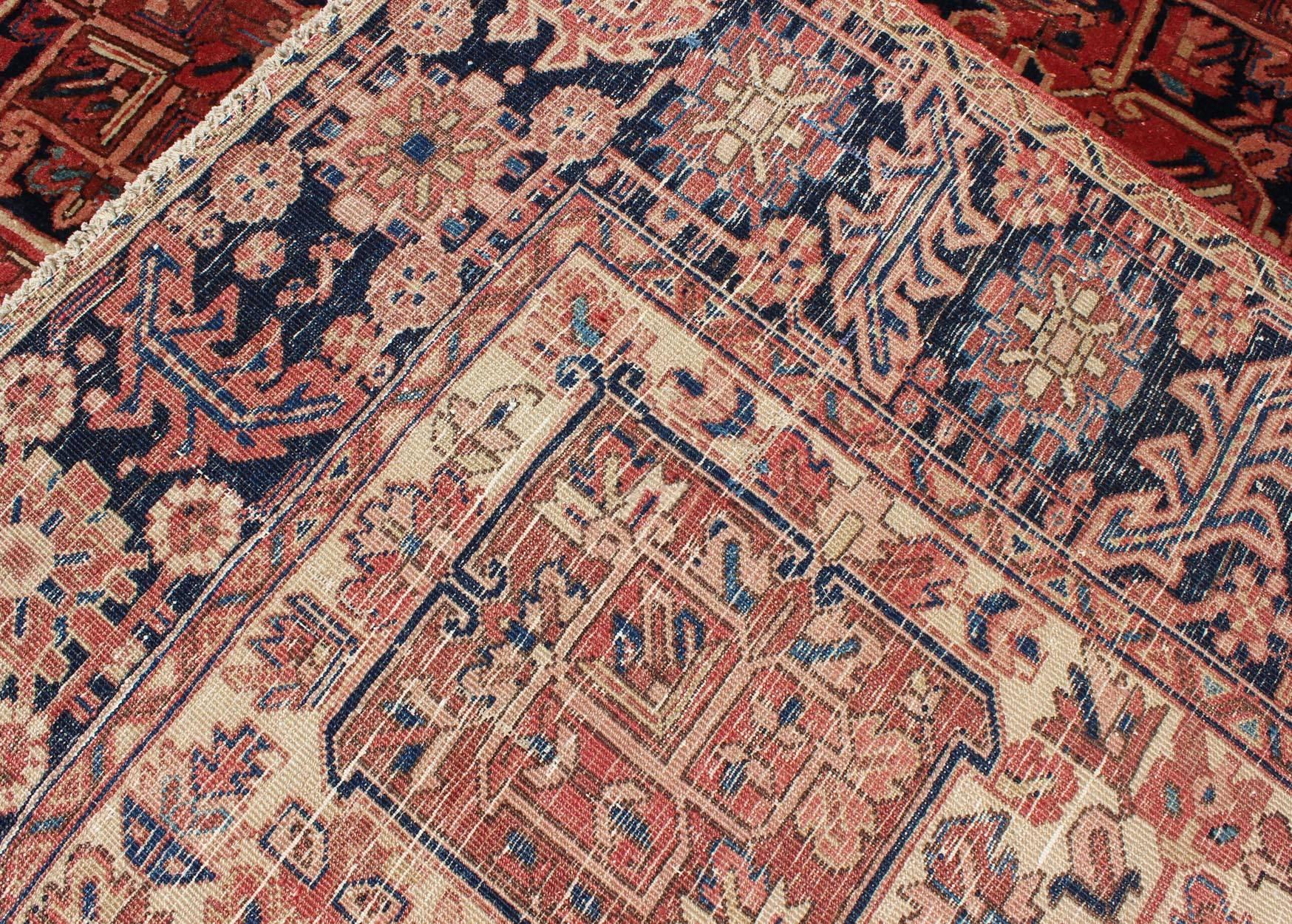 Persian Heriz Rug with Stylized Geometric Medallion in Rust Red, Ivory and Blue 7