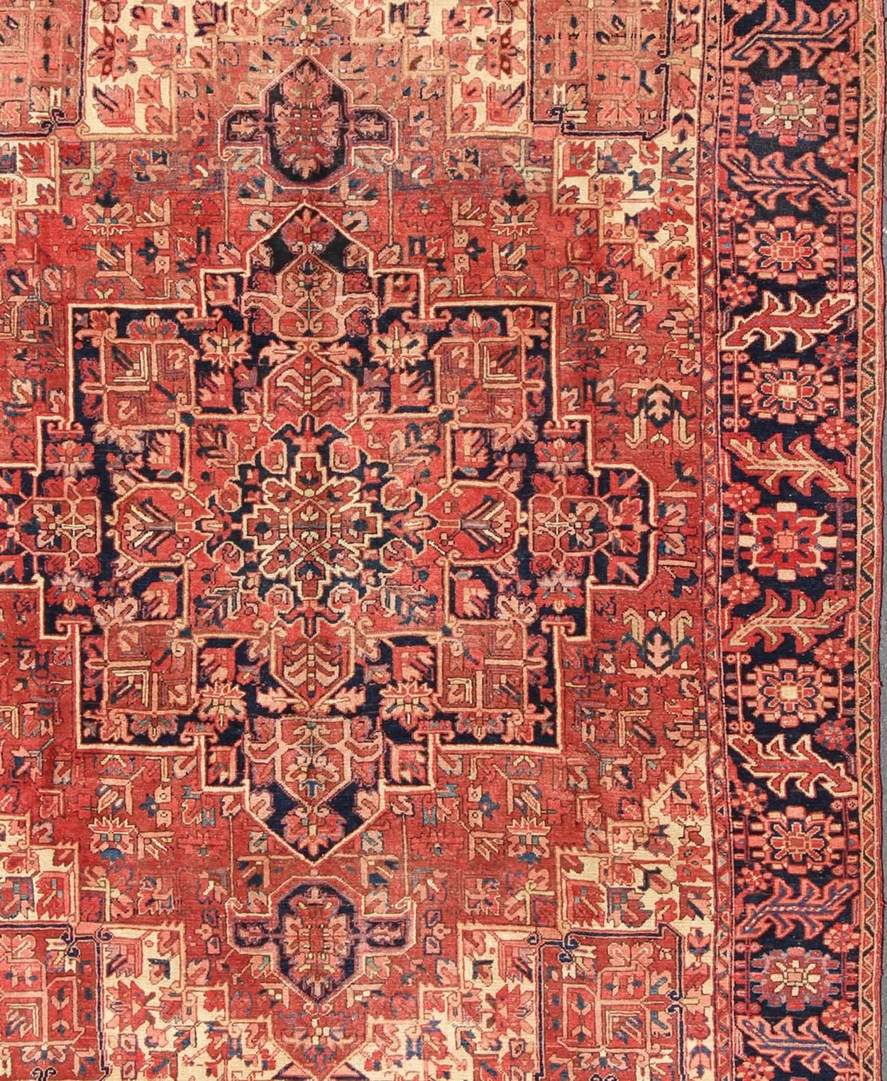 Hand-Knotted Persian Heriz Rug with Stylized Geometric Medallion in Rust Red, Ivory and Blue