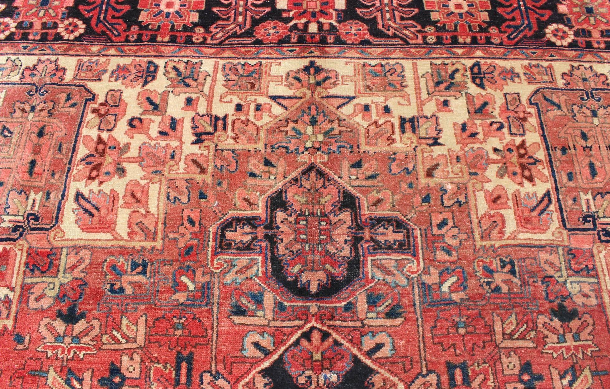 20th Century Persian Heriz Rug with Stylized Geometric Medallion in Rust Red, Ivory and Blue