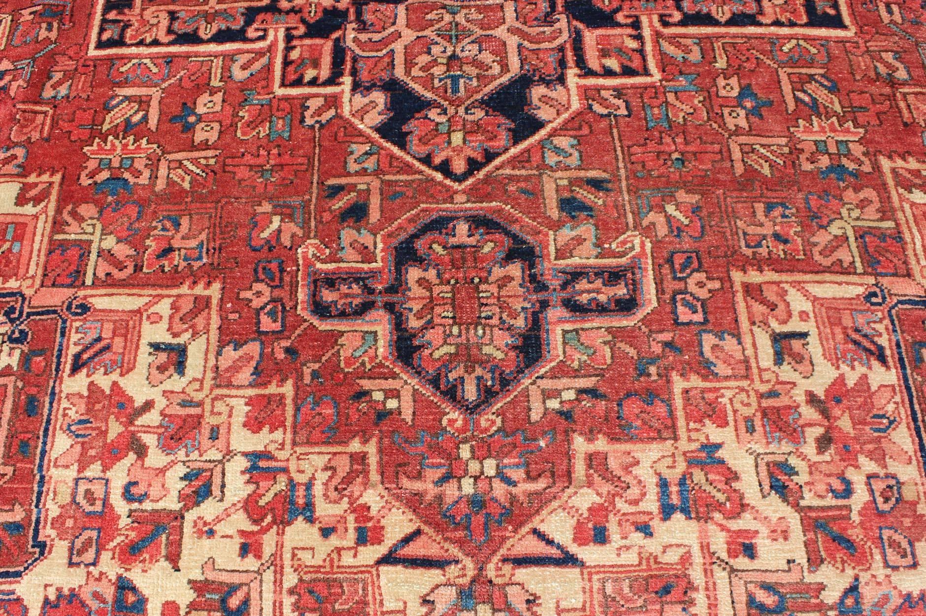 Wool Persian Heriz Rug with Stylized Geometric Medallion in Rust Red, Ivory and Blue