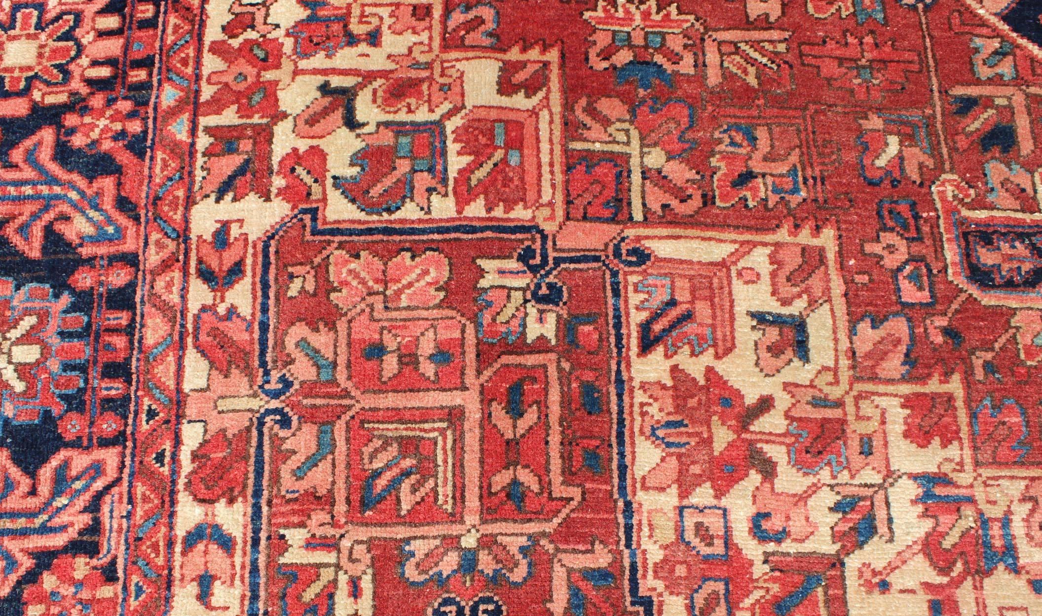 Persian Heriz Rug with Stylized Geometric Medallion in Rust Red, Ivory and Blue 1