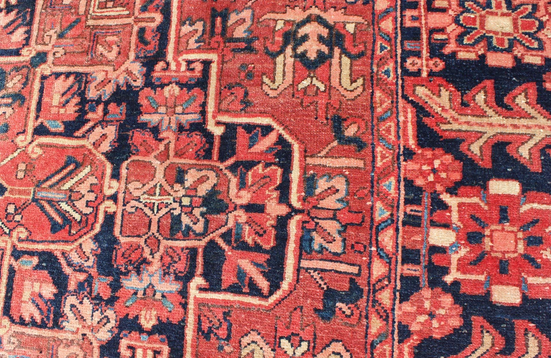 Persian Heriz Rug with Stylized Geometric Medallion in Rust Red, Ivory and Blue 2