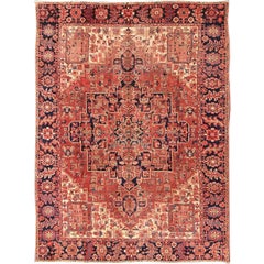 Persian Heriz Rug with Stylized Geometric Medallion in Rust Red, Ivory and Blue