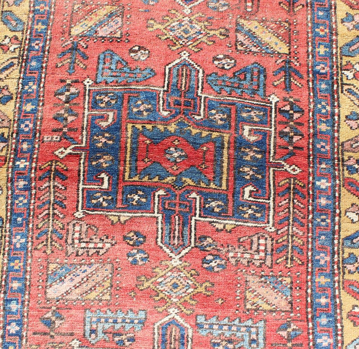 Persian Heriz Semi Antique Runner in Soft Red, Blue and Yellow Colors In Good Condition In Atlanta, GA