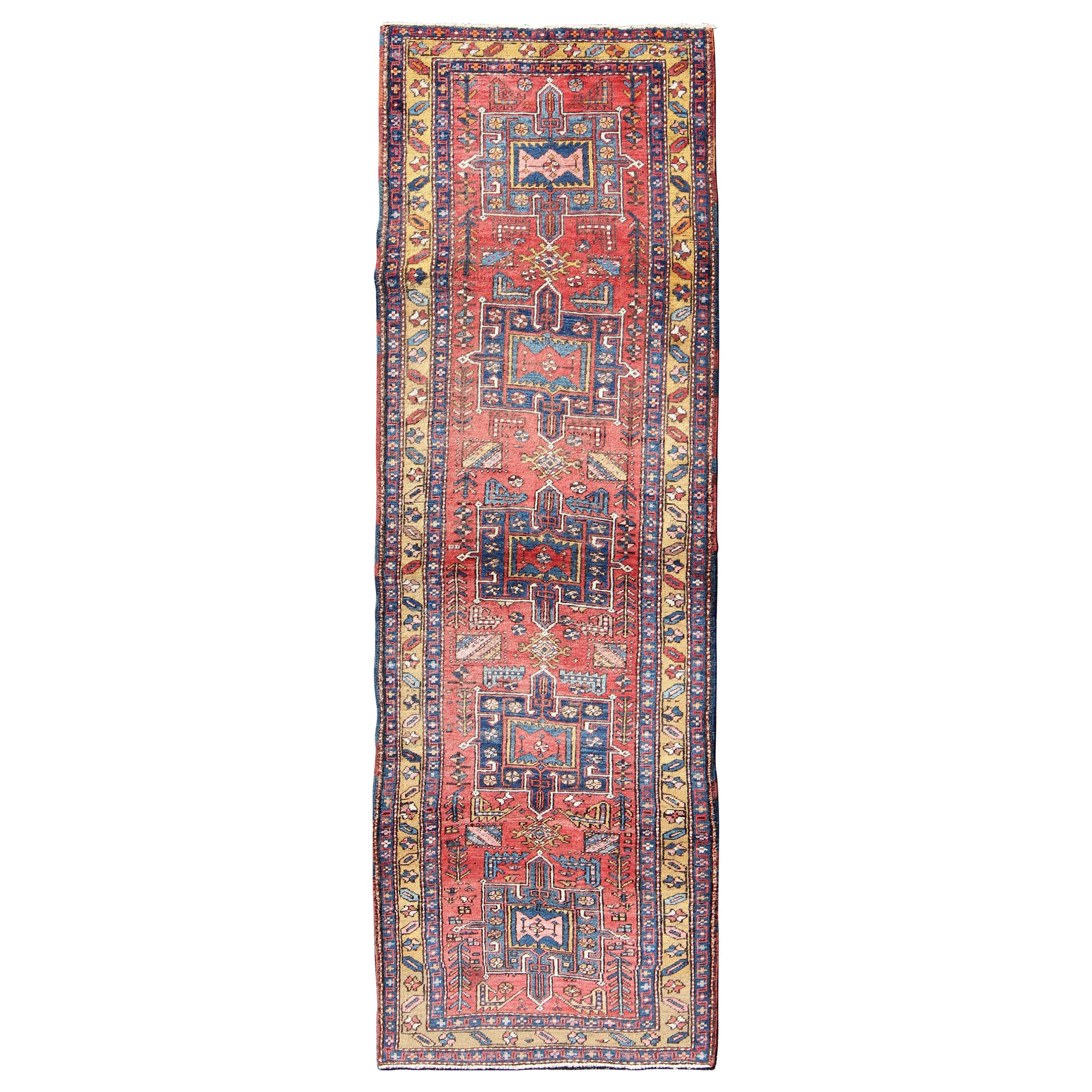 Persian Heriz Semi Antique Runner in Soft Red, Blue and Yellow Colors