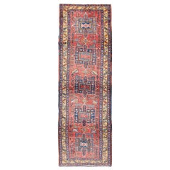 Persian Heriz Semi Antique Runner in Soft Red, Blue and Yellow Colors