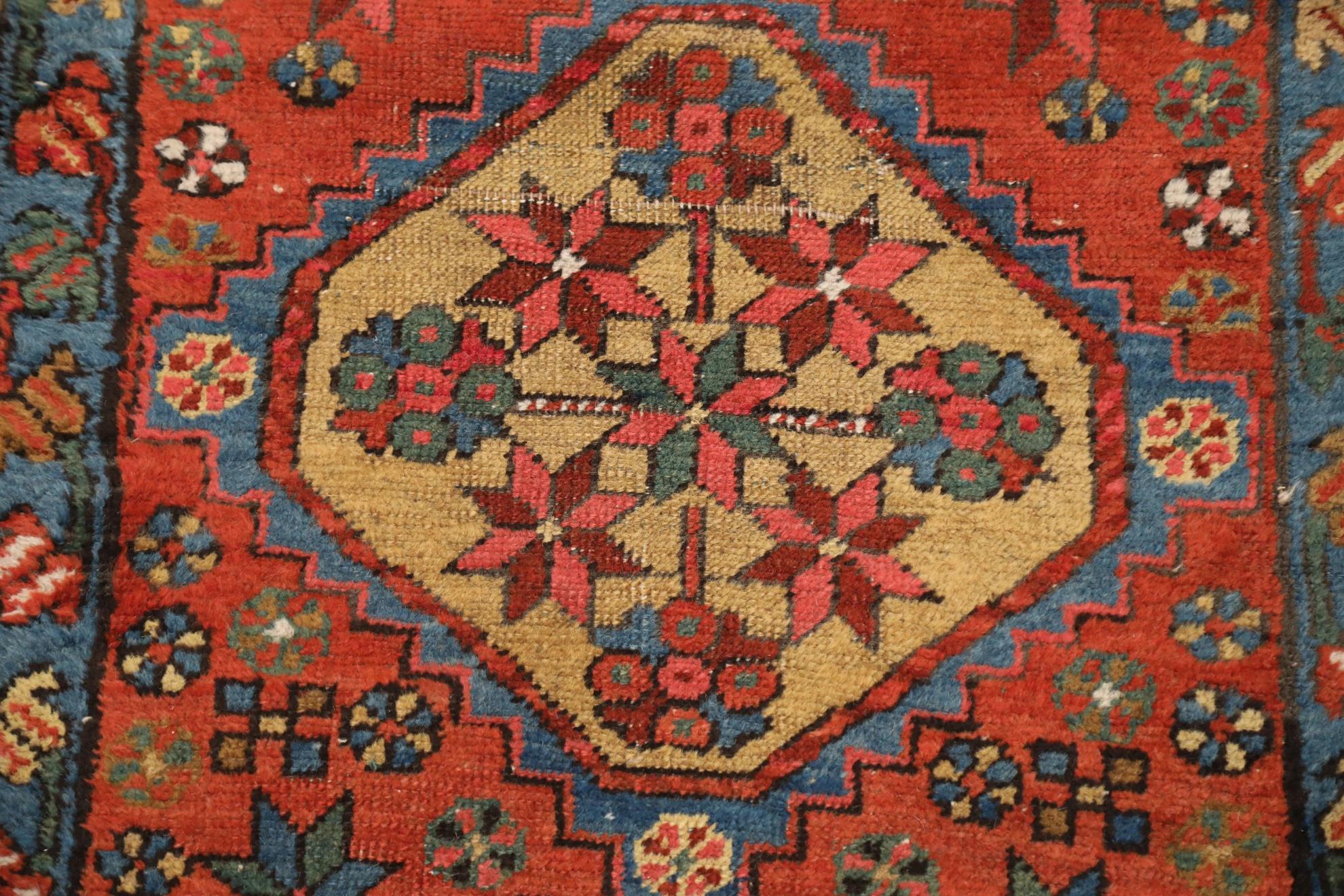 Persischer Heriz Läufer Teppich CIRCA 1910 - Wolle Blau Grün Rot Gelb Design - 99587 (Handgeknüpft) im Angebot
