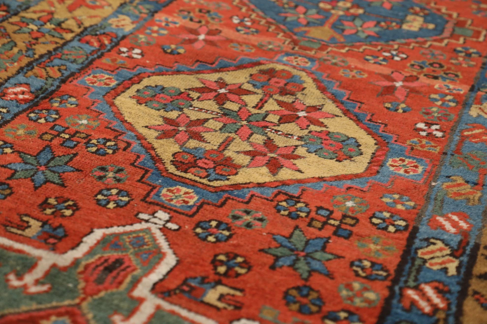 Persischer Heriz Läufer Teppich CIRCA 1910 - Wolle Blau Grün Rot Gelb Design - 99587 im Zustand „Hervorragend“ im Angebot in Dallas, TX