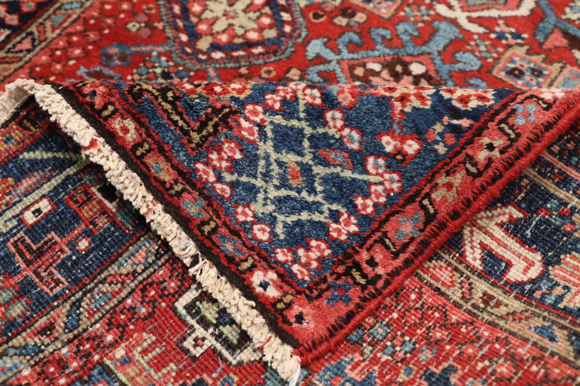 Alfombra Persa Heriz Circa 1910 - Lana Azul Marfil Azul Marino Rojo - 99586 en Excelente estado para la venta en Dallas, TX