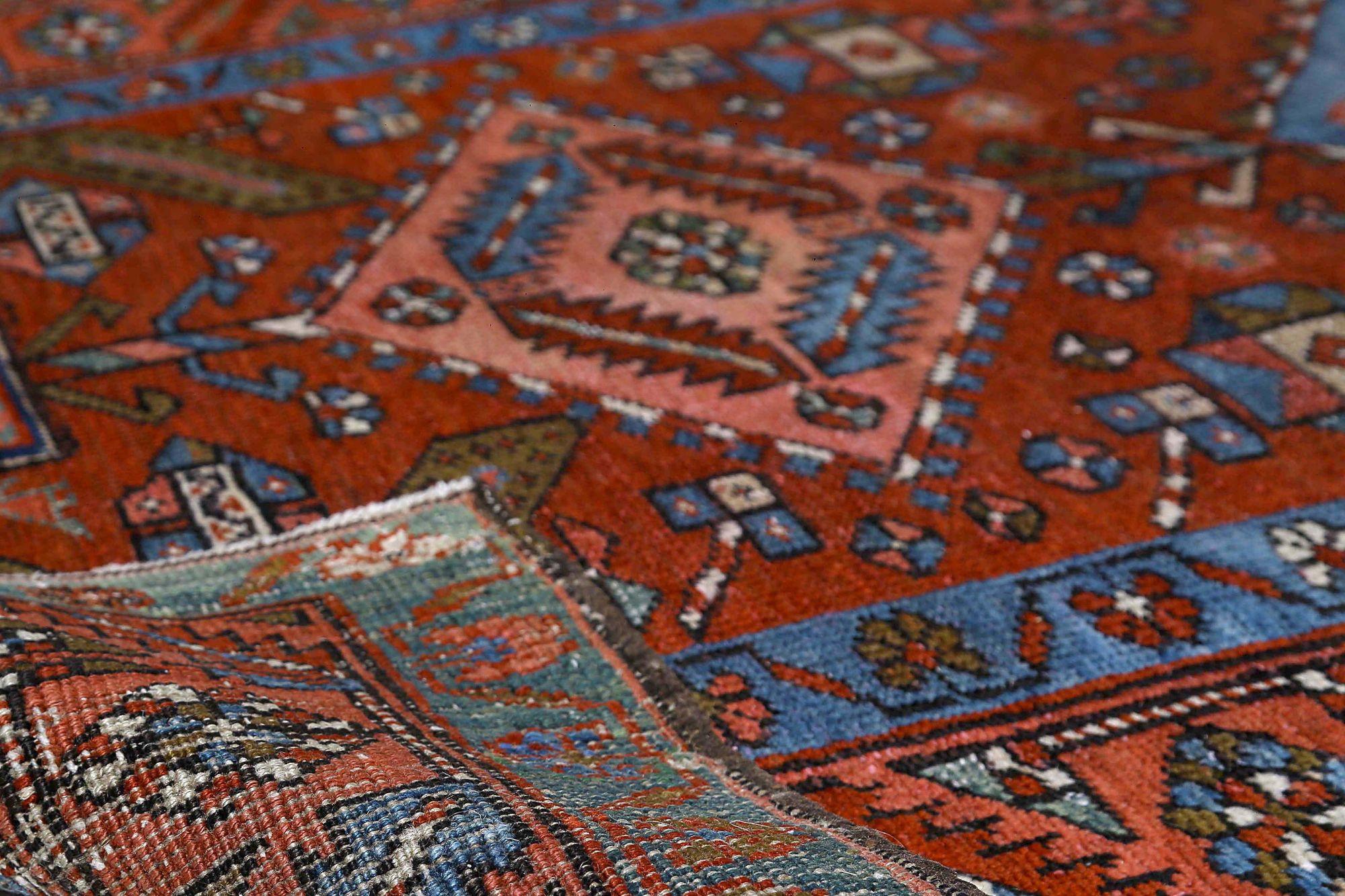 Persischer Heriz Läufer Teppich - Wolle Blau Braun Rot Design - 97926 (Irakisch) im Angebot