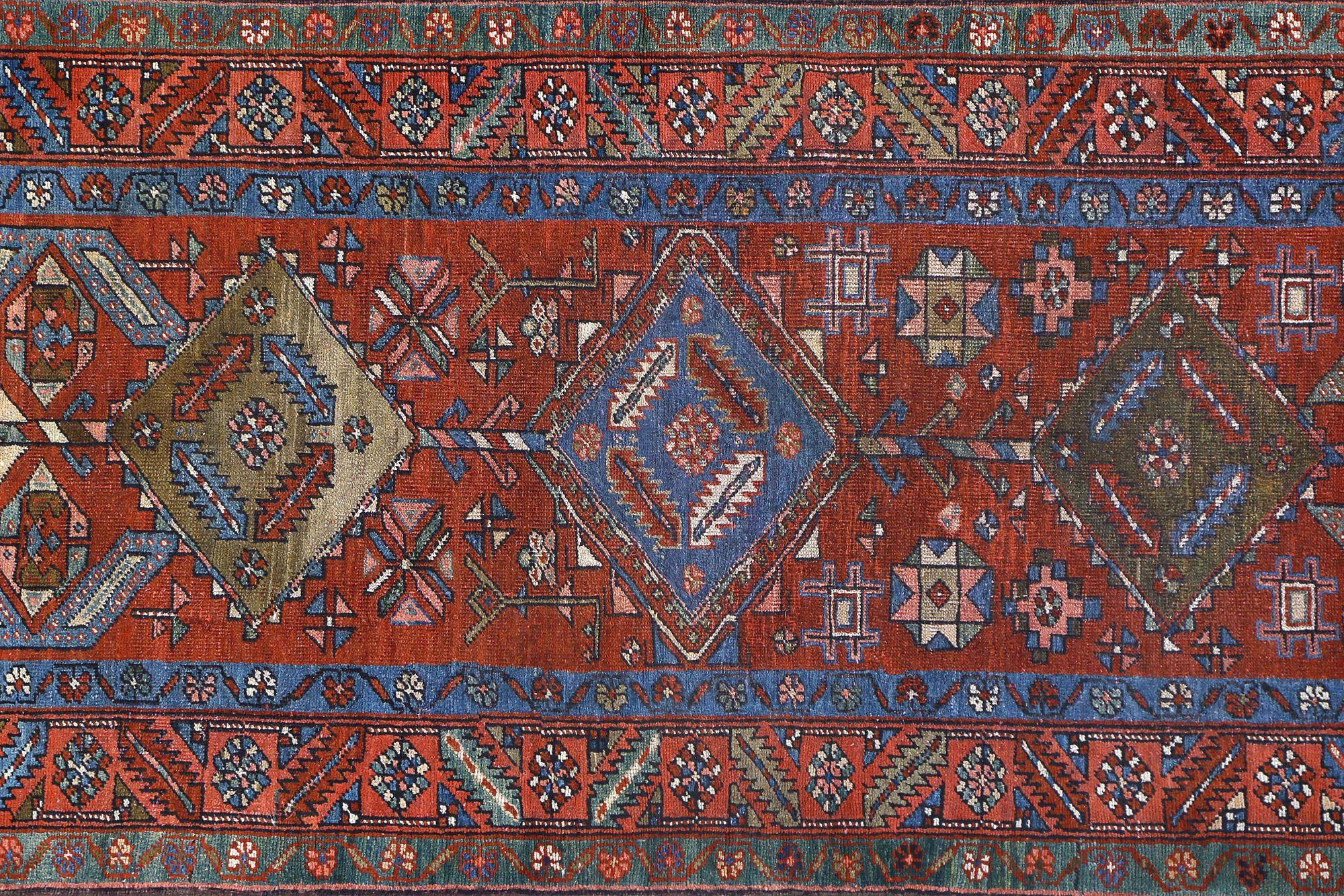 Persischer Heriz Läufer Teppich - Wolle Blau Braun Rot Design - 97926 (20. Jahrhundert) im Angebot