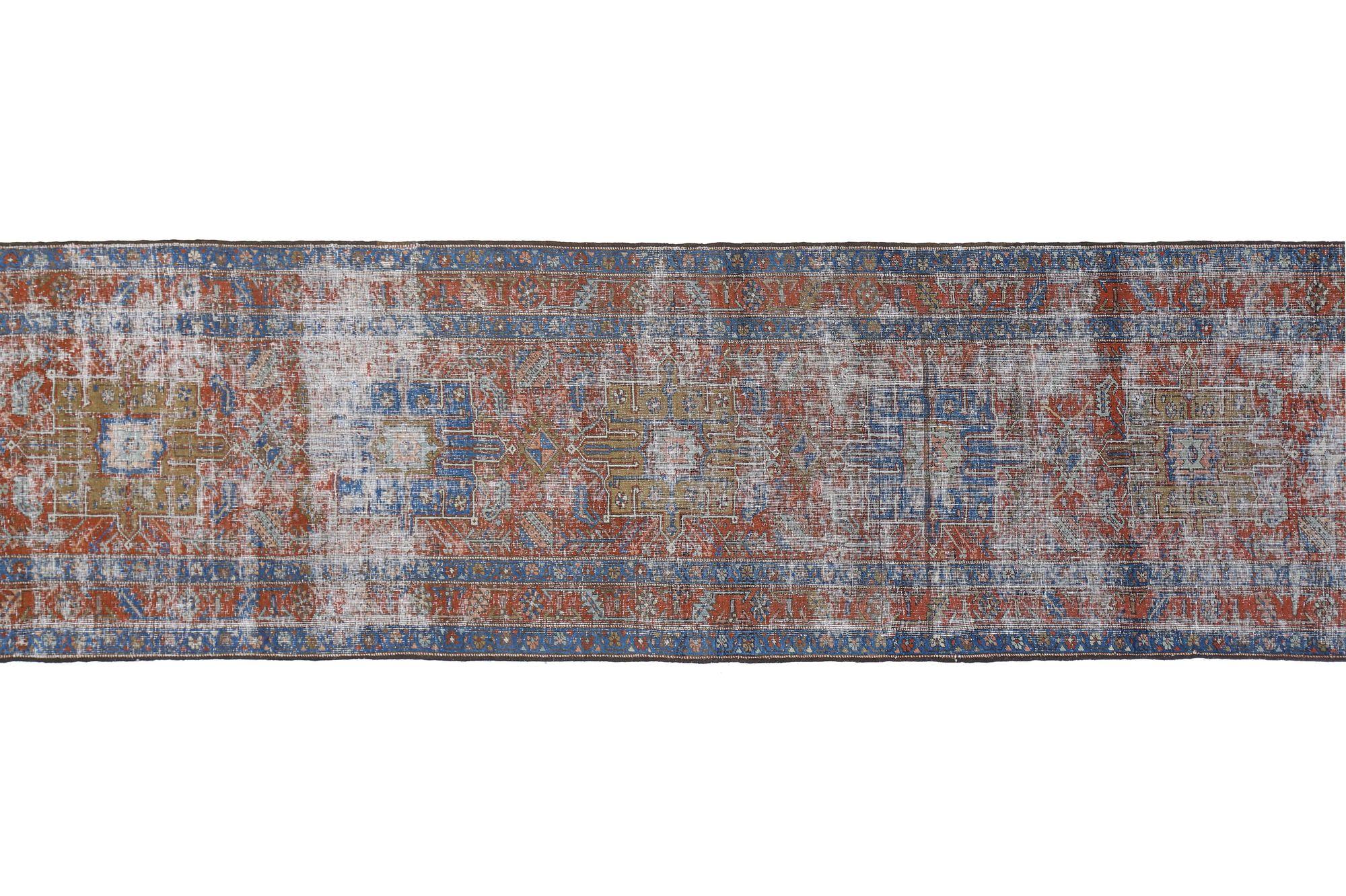Persischer Heriz Läufer Teppich - Wolle Blau Braun Rot Design - 97935 (Irakisch) im Angebot