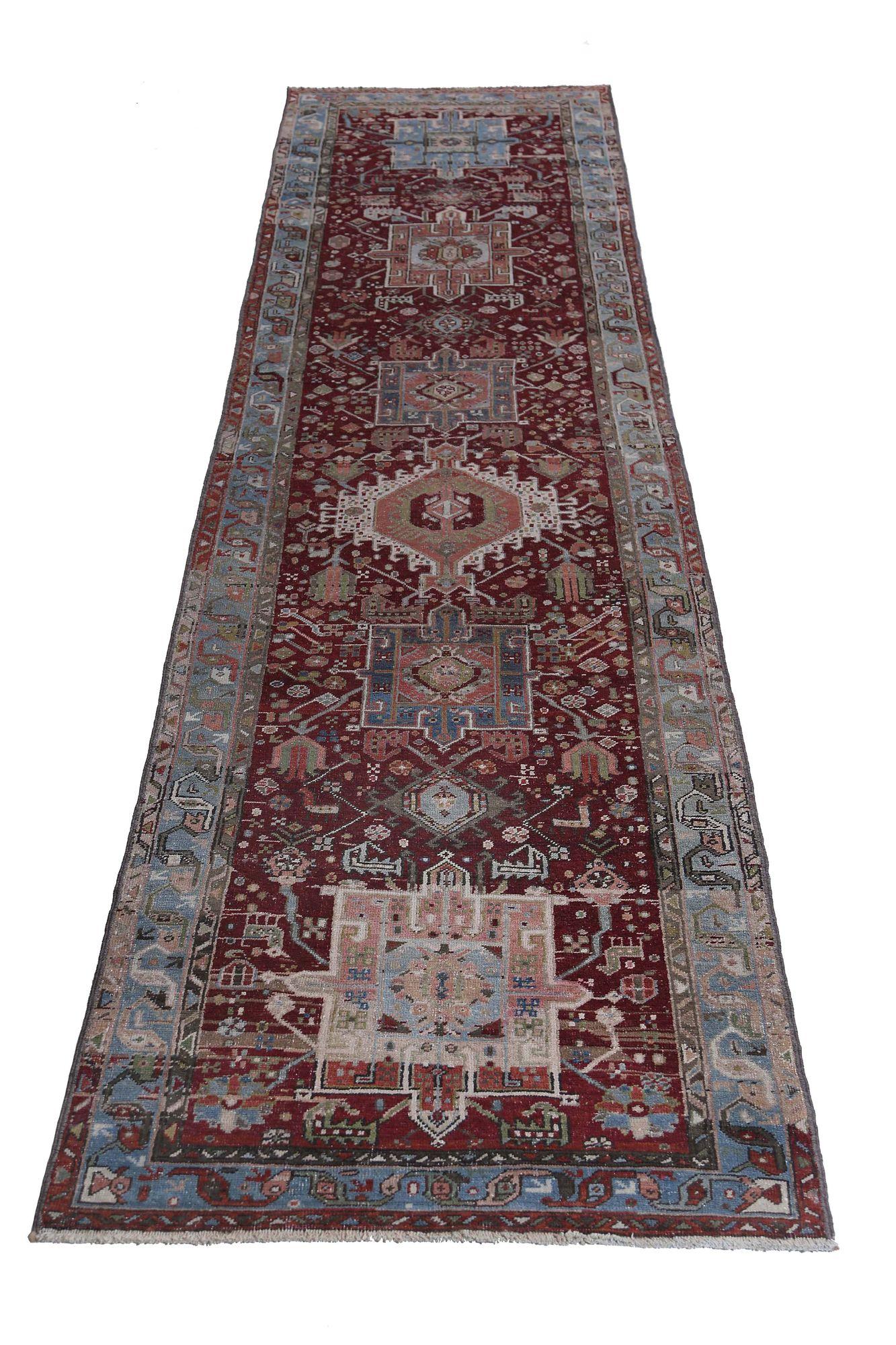 Persischer Heriz-Läufer - Wolle Blau Elfenbein Rot Design - 97896 (20. Jahrhundert) im Angebot