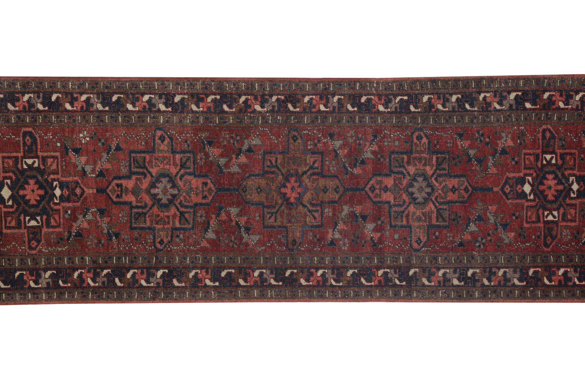 XX secolo Tappeto Persiano Heriz Runner - Lana Marrone Rosso Design - 97989 in vendita