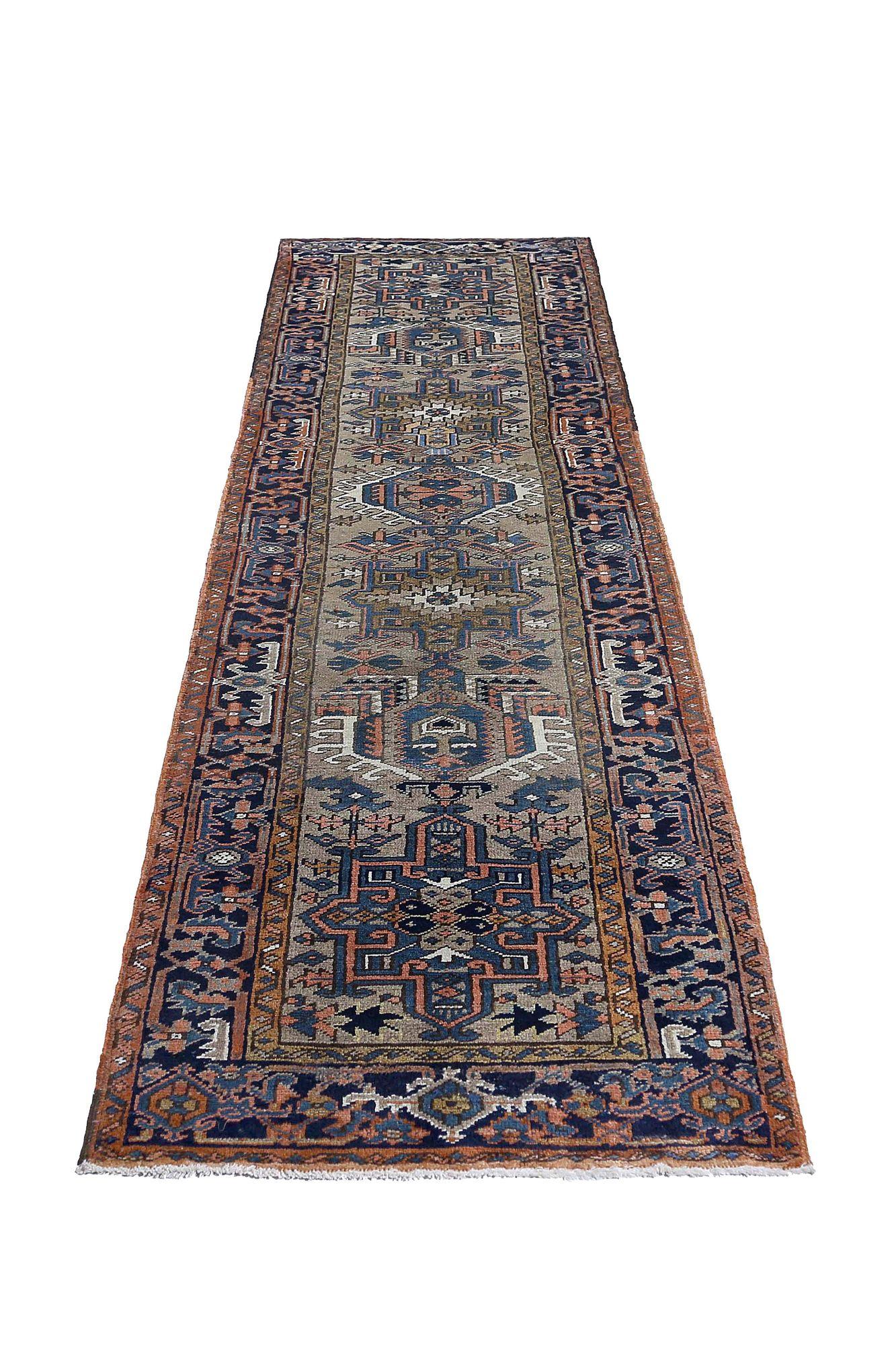 Persischer Heriz-Läufer aus Wolle - Elfenbein, Marineblau, Design - 96911 (20. Jahrhundert) im Angebot