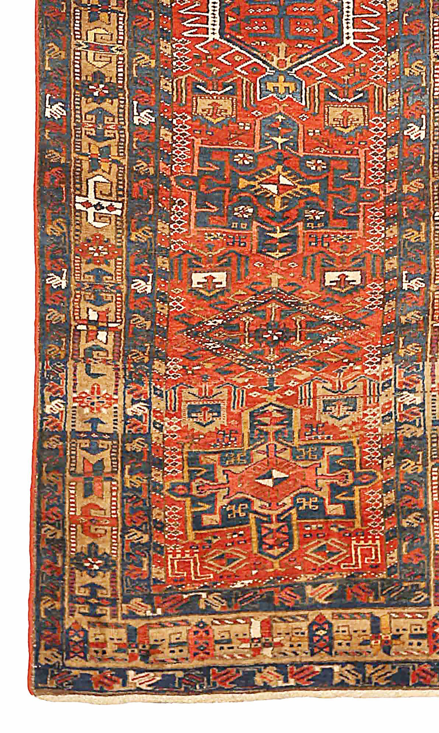 Asiatique Petit tapis persan Heriz - Laine bleu rouge jaune 73845 en vente