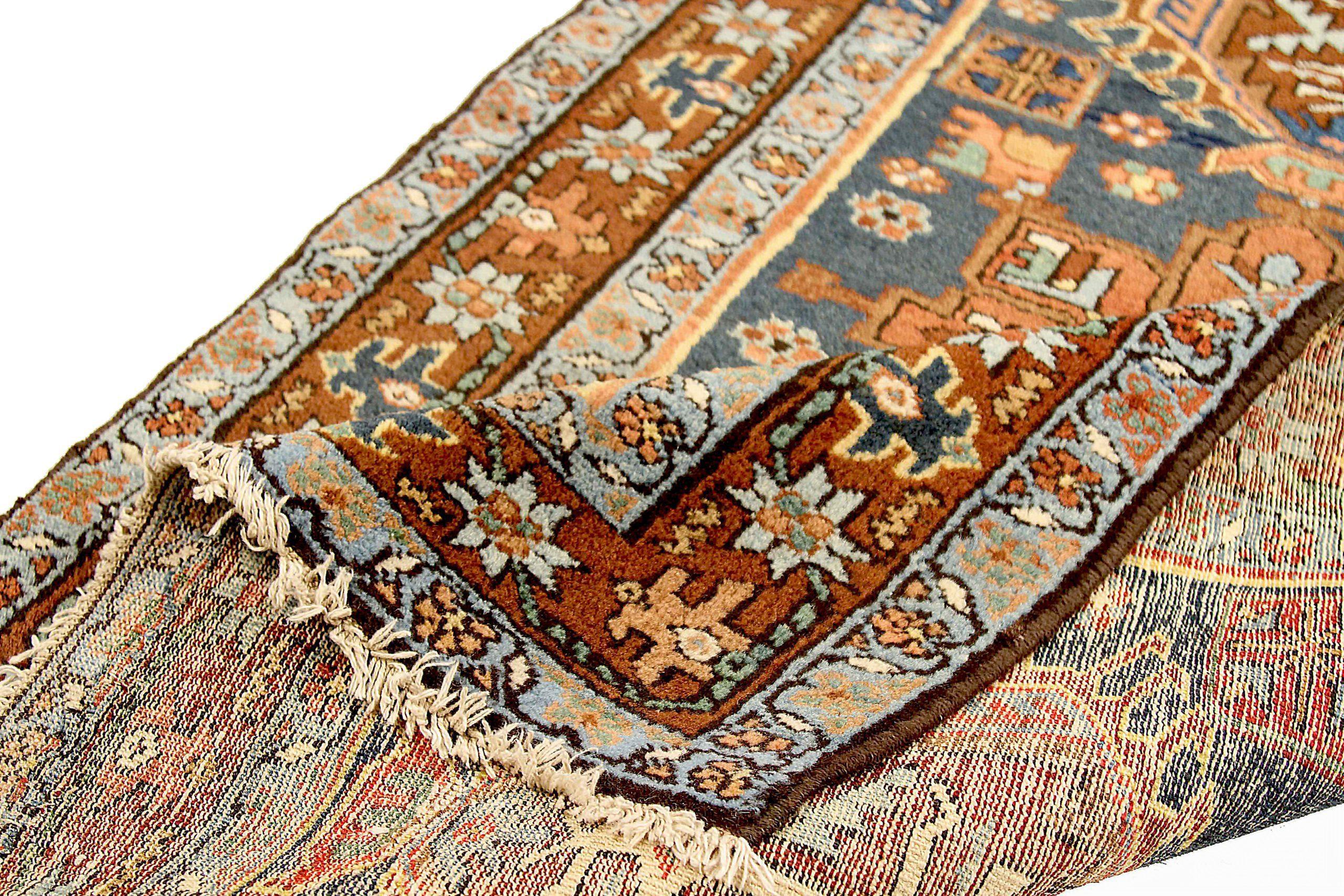 Petit tapis persan Heriz Circa 1910 - Laine Bleu Rouge Jaune 71170 Excellent état - En vente à Dallas, TX