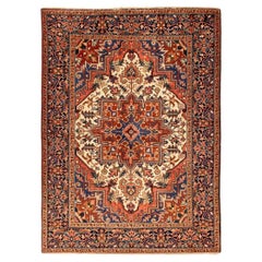 Petit tapis persan Heriz Circa 1910 - Laine Ivoire Bleu marine Rouge 72010