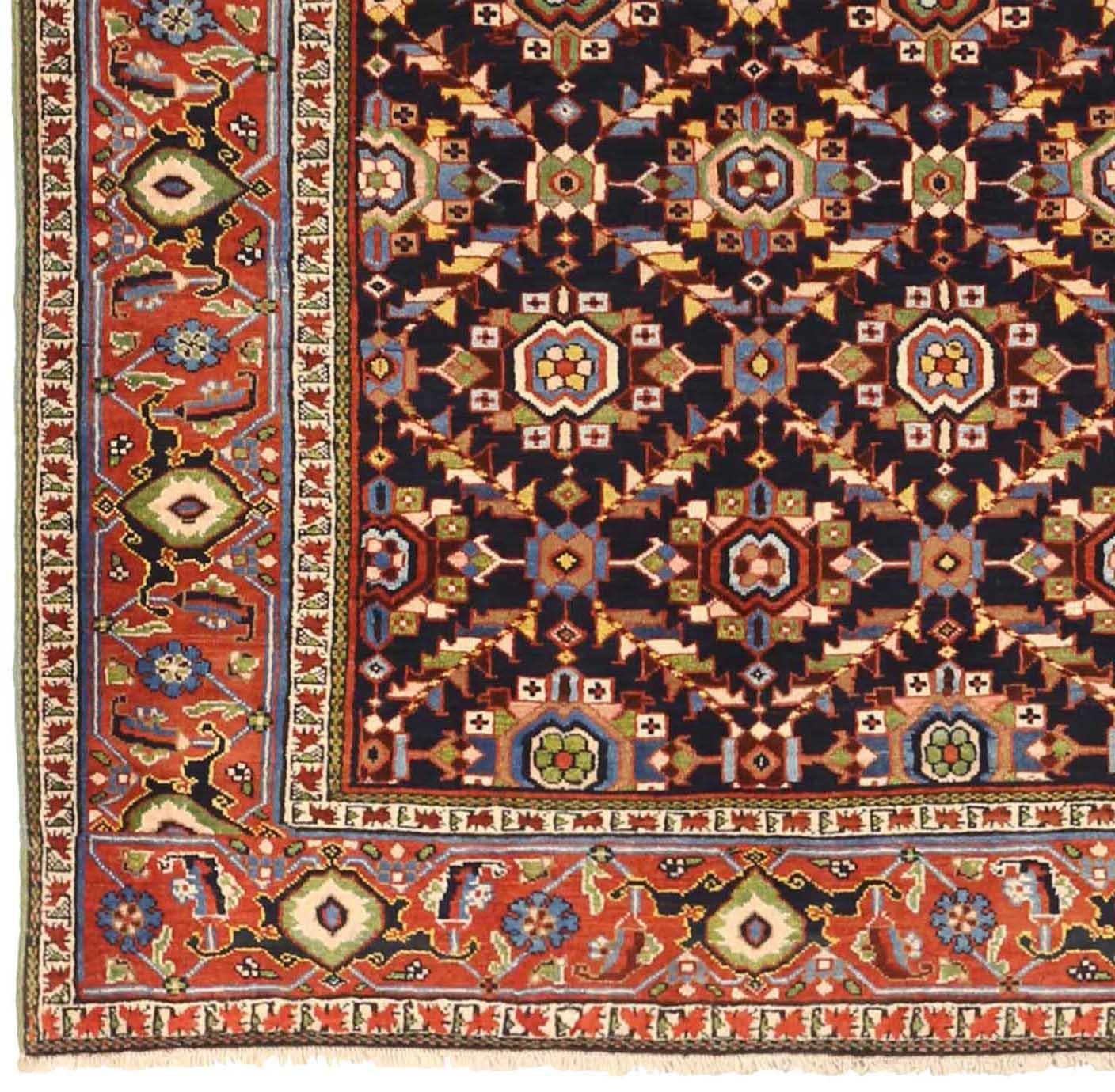 Asiatico Tappeto Persiano Heriz Piccolo Circa 1940 - Lana Avorio Blu Navy Rosso 72603 in vendita
