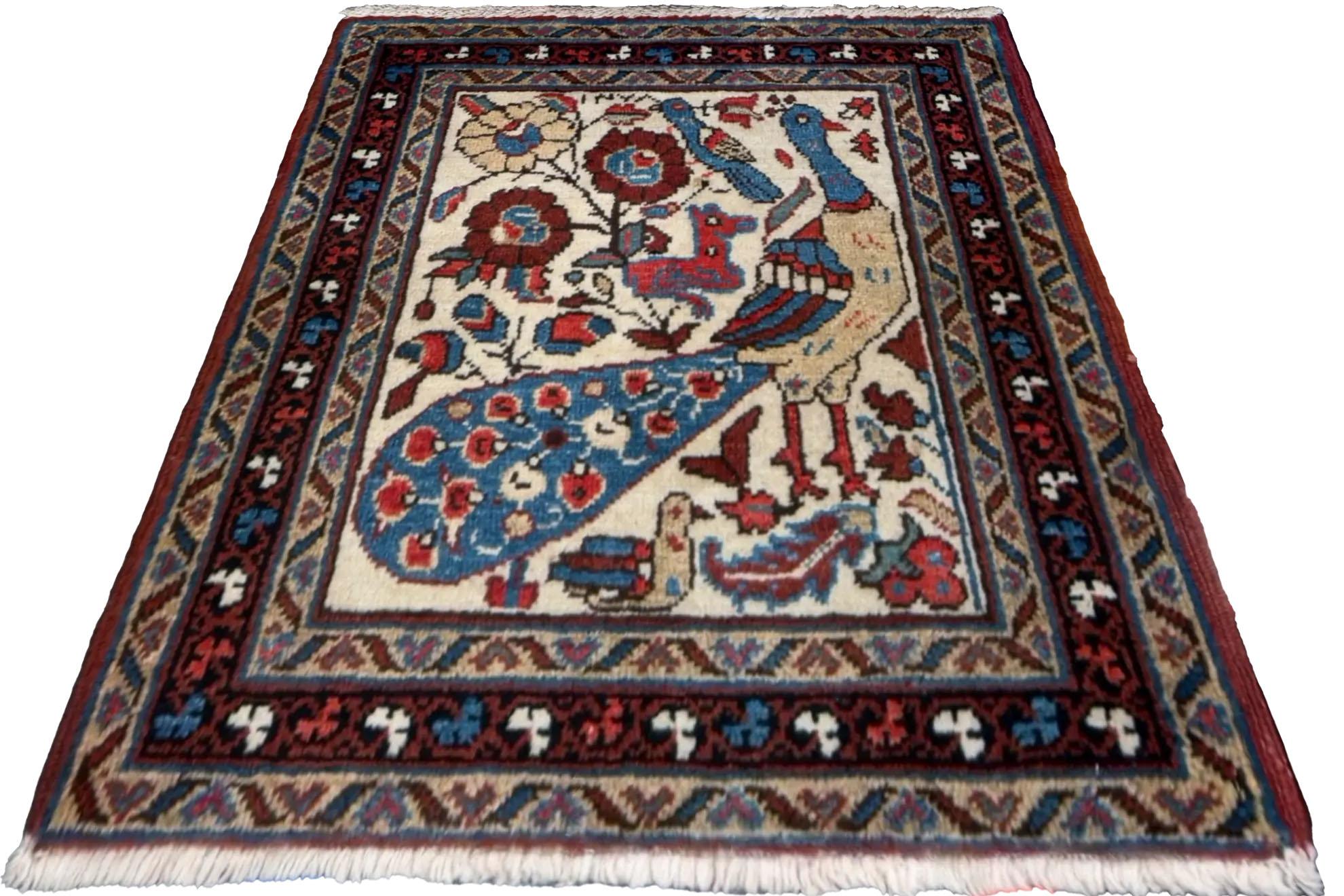 Hand-Woven Persian Heriz Small Rug - Peacock Design For Sale