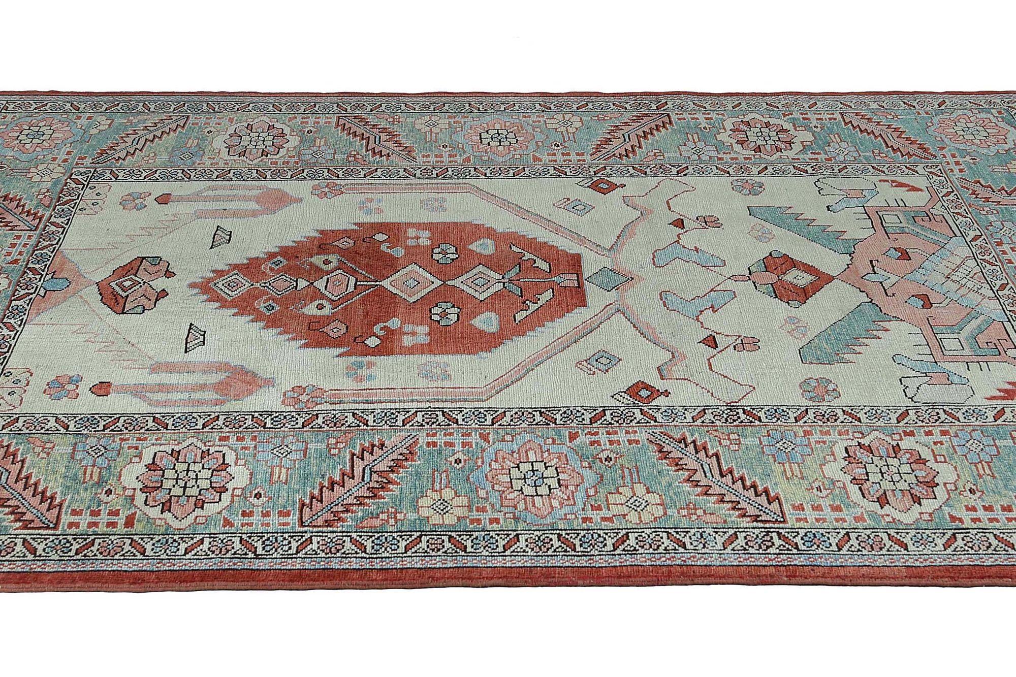 Persischer Heriz Kleiner Teppich - Wolle Grün Elfenbein Design - 96658 im Zustand „Hervorragend“ im Angebot in Dallas, TX
