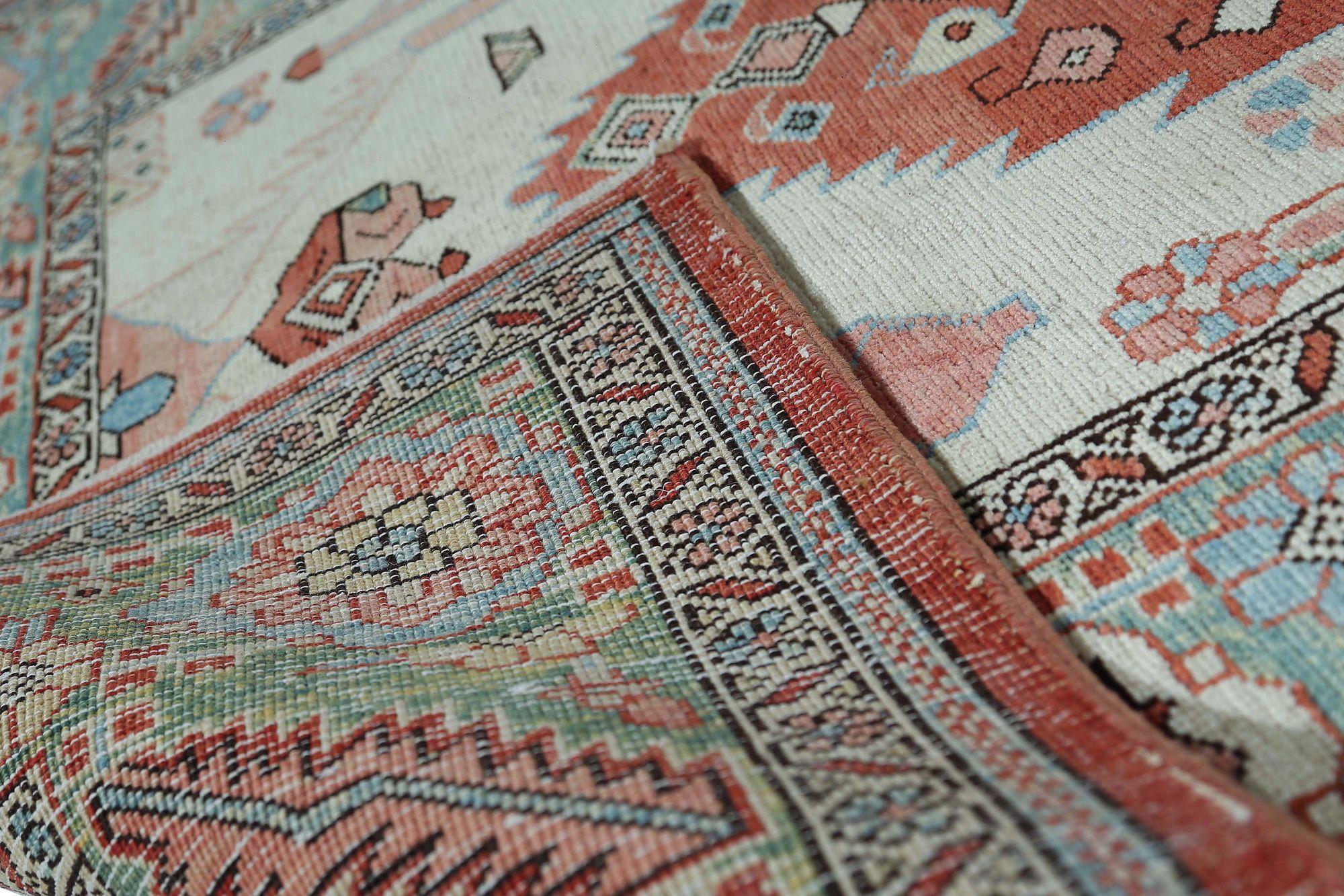 Persischer Heriz Kleiner Teppich - Wolle Grün Elfenbein Design - 96658 (20. Jahrhundert) im Angebot