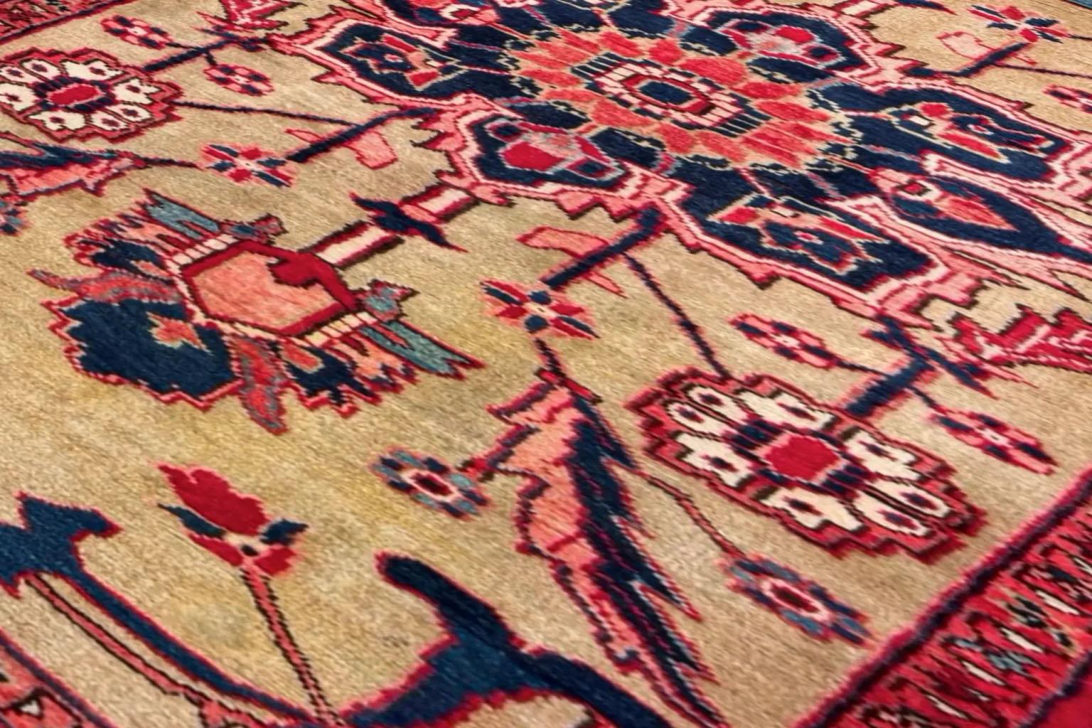 Persian Heriz Small Rug - Wool - Navy Blue Red Yellow For Sale 3