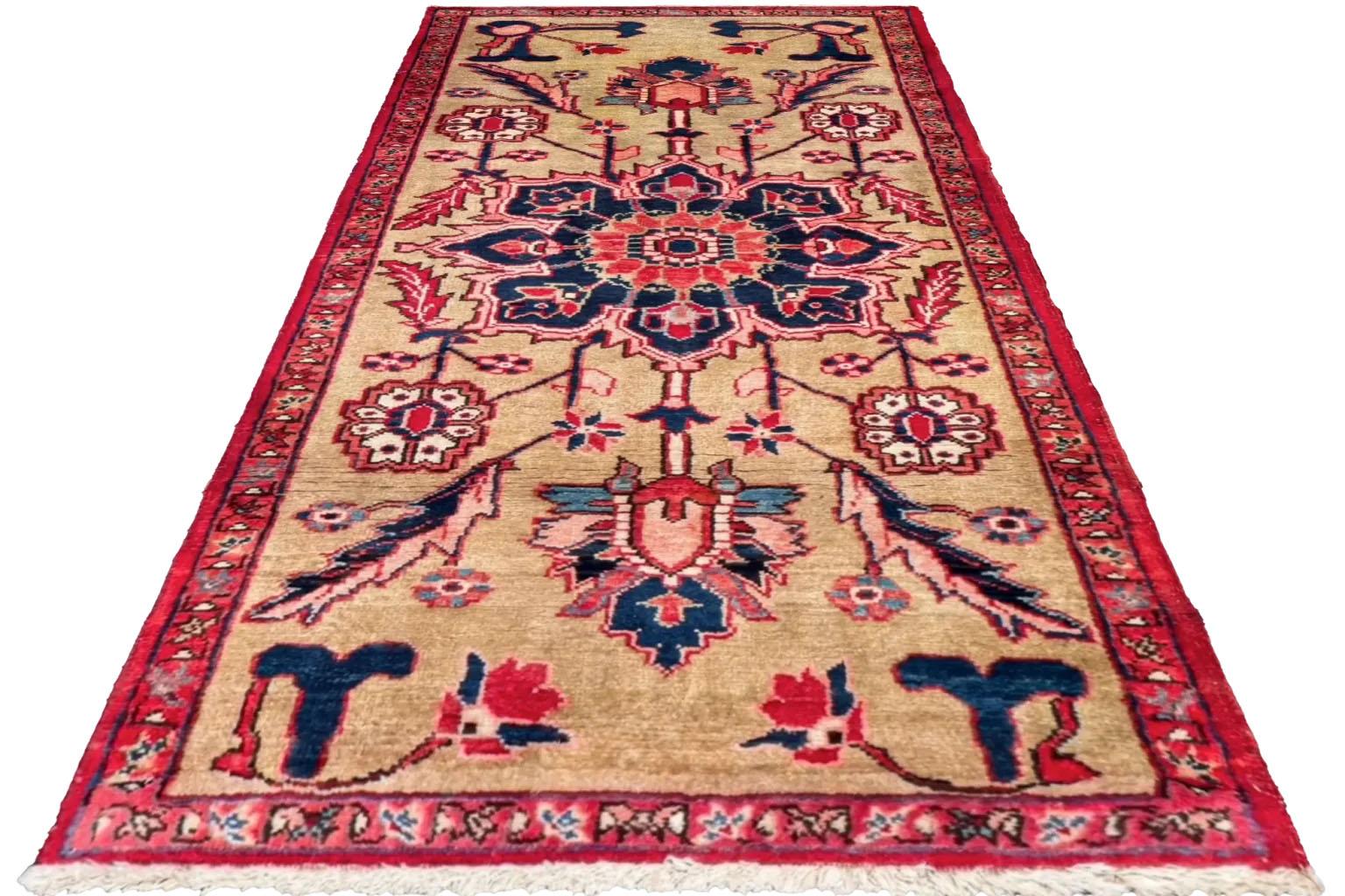 Persian Heriz Small Rug - Wool - Navy Blue Red Yellow In Excellent Condition For Sale In Dallas, TX