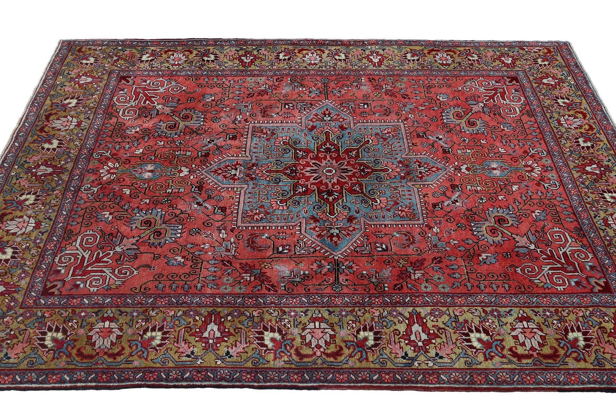 Persischer Heriz Kleiner Teppich - Wolle Rot Design - 97431 im Zustand „Hervorragend“ im Angebot in Dallas, TX