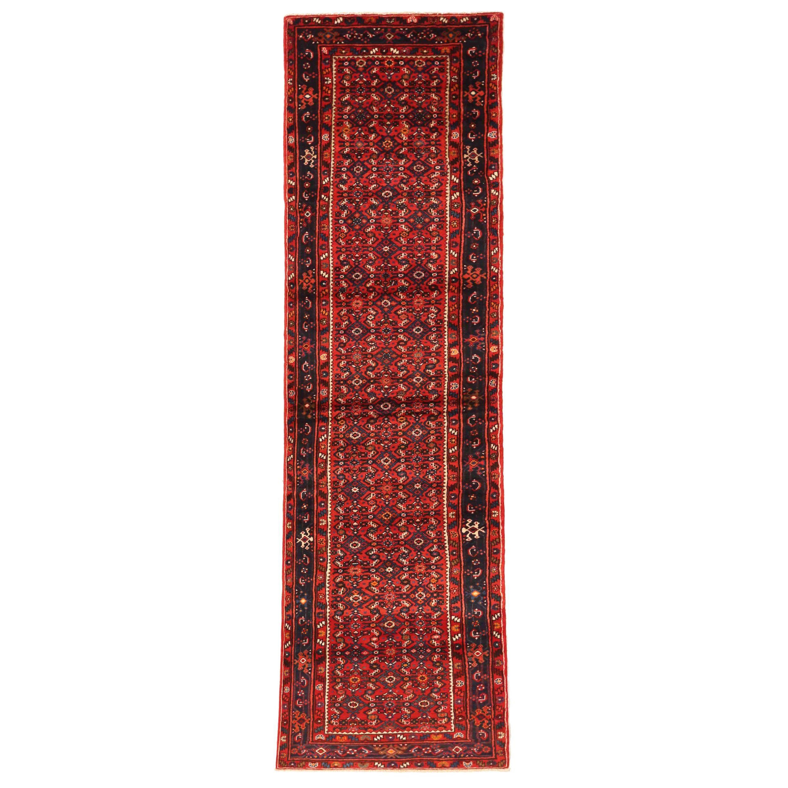 Persischer Hosseinabad-Läufer aus Wolle in Elfenbein, Marineblau, Blau und Rot - 75735 im Angebot