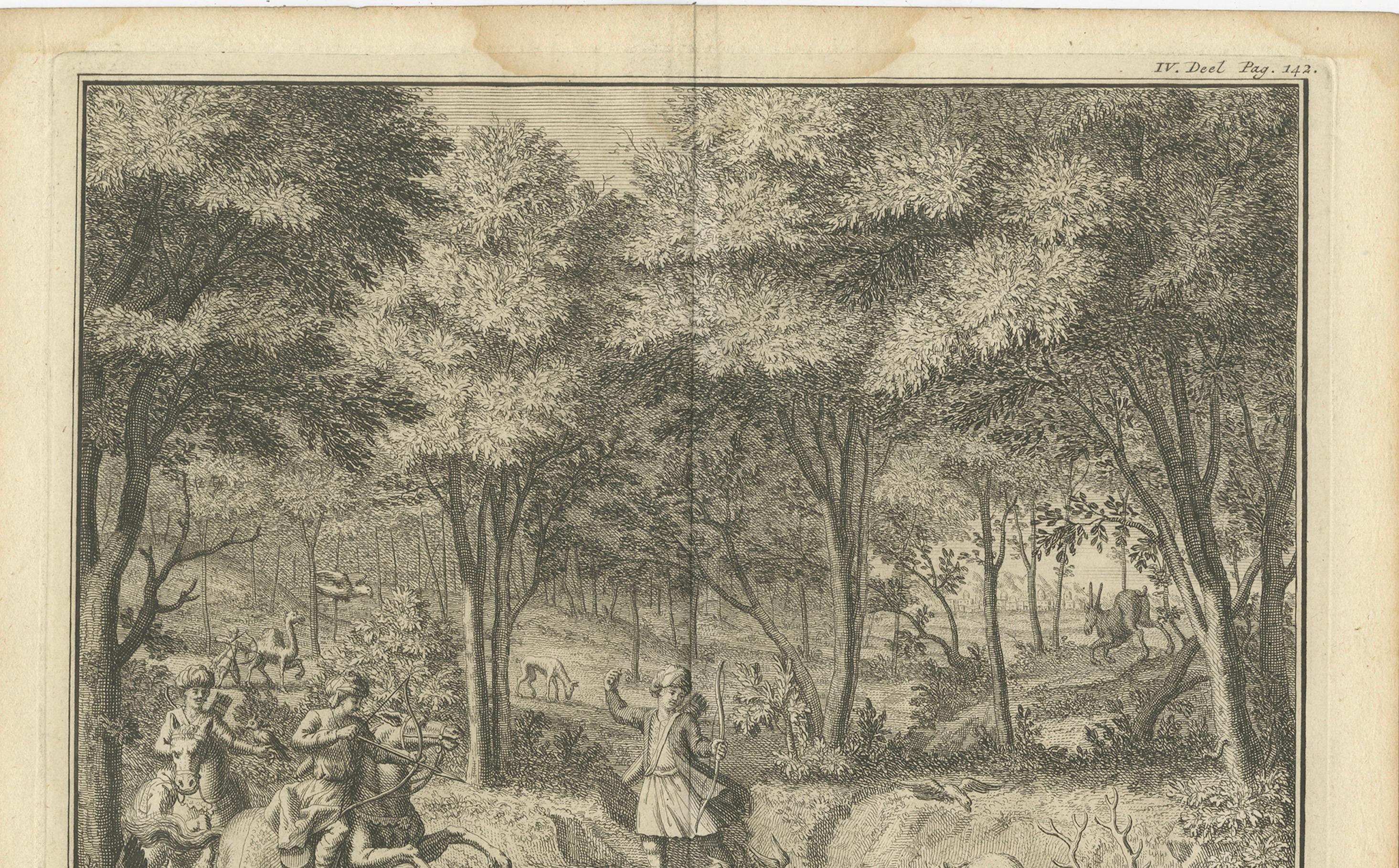 Persische Jagdszene - Kupferstich des 18. Jahrhunderts mit Bogenschießen und Wild von Philips (Niederländisch) im Angebot