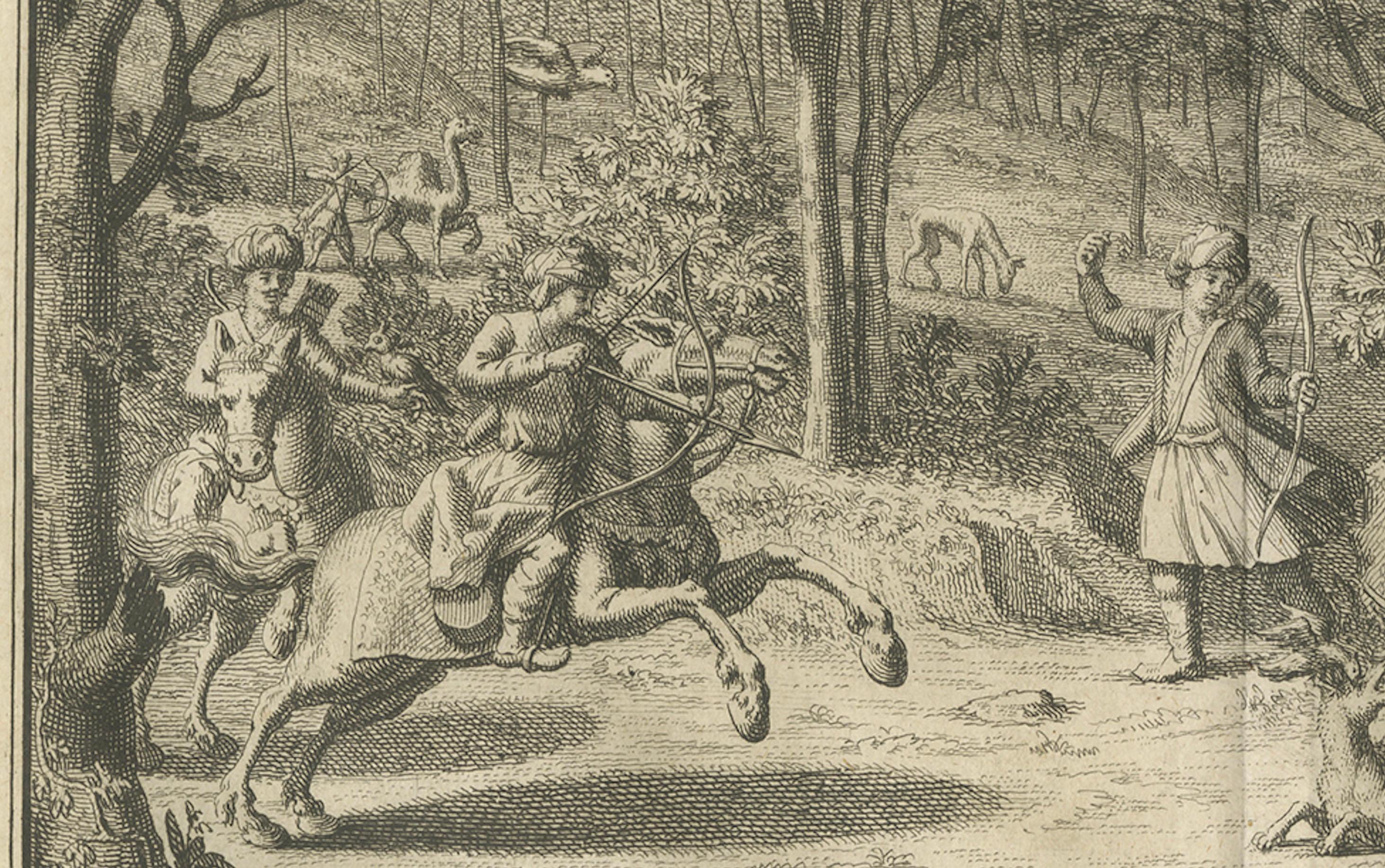 Persische Jagdszene - Kupferstich des 18. Jahrhunderts mit Bogenschießen und Wild von Philips (Graviert) im Angebot