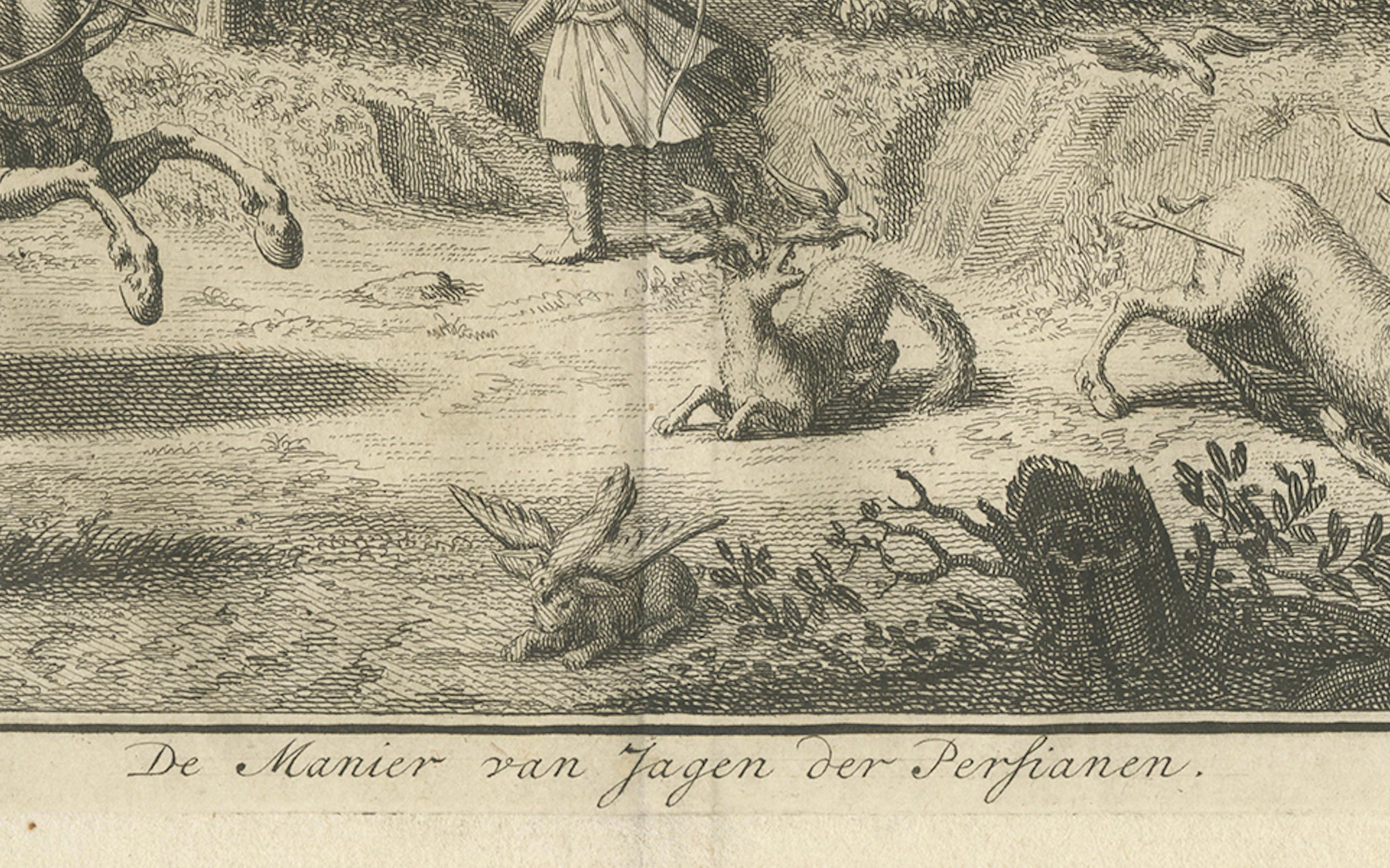 Persische Jagdszene - Kupferstich des 18. Jahrhunderts mit Bogenschießen und Wild von Philips (Mitte des 18. Jahrhunderts) im Angebot