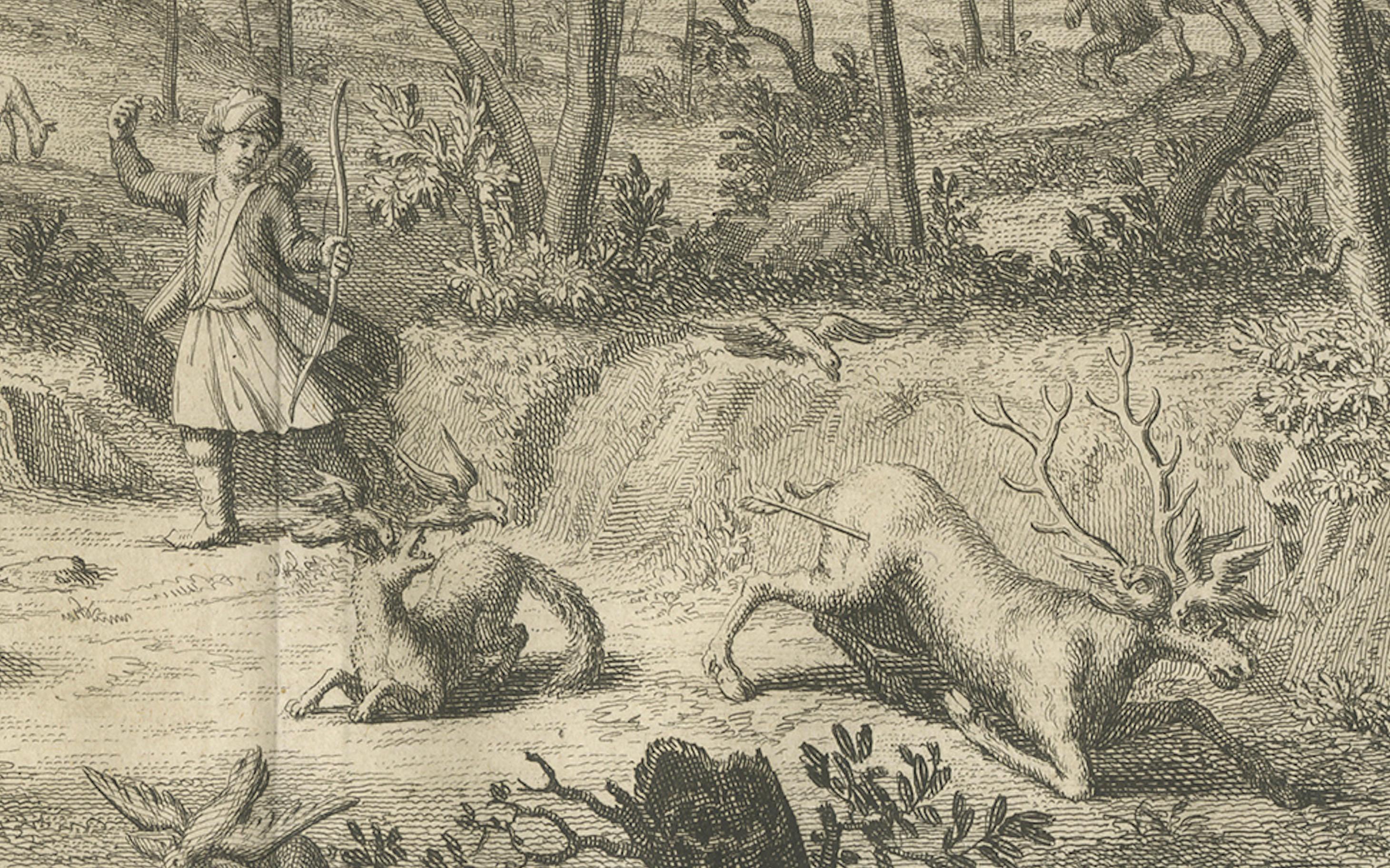 Persische Jagdszene - Kupferstich des 18. Jahrhunderts mit Bogenschießen und Wild von Philips (Papier) im Angebot