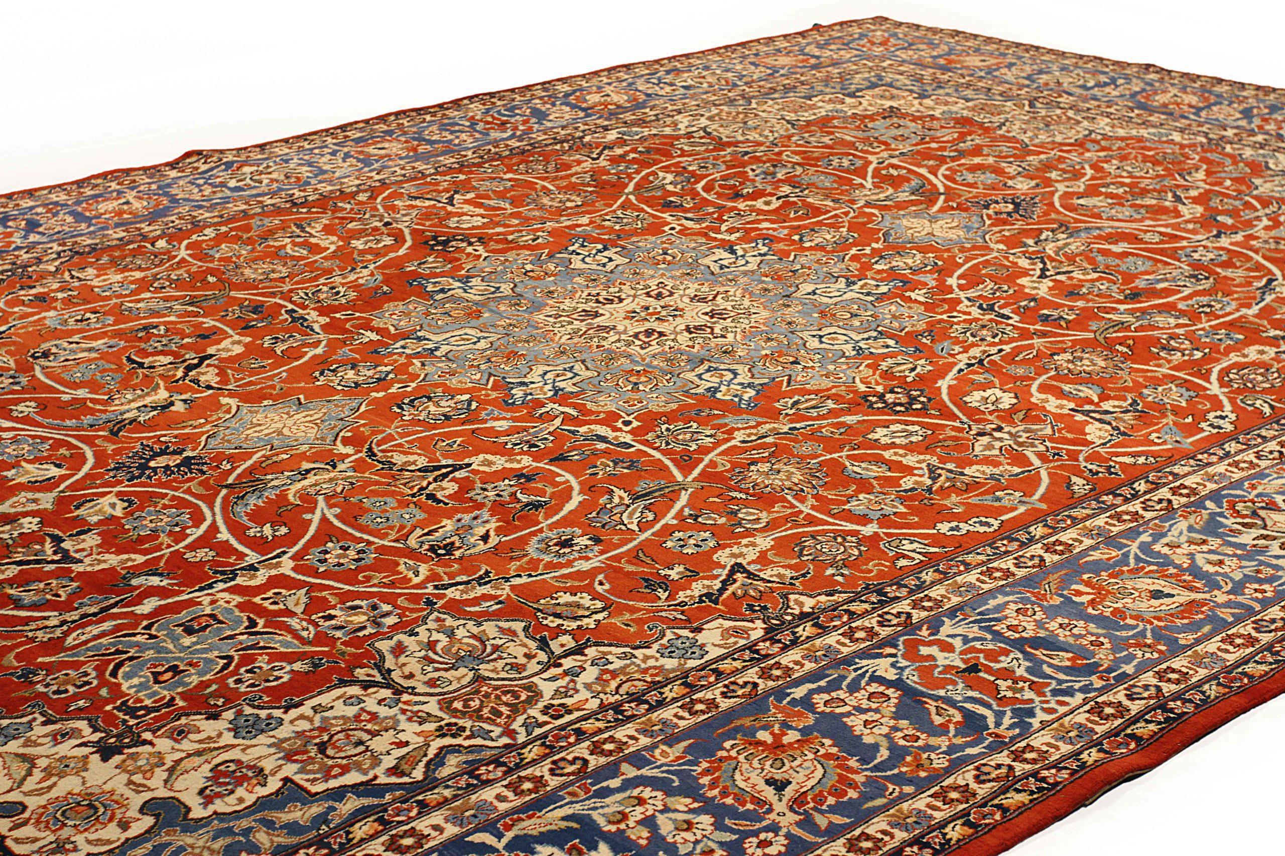 Asian Persian Isfahan Area Rugs - Wool Blue Ivory Red 10561 For Sale