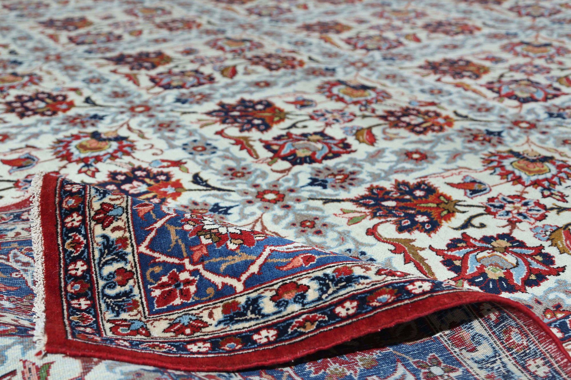 Persische Isfahan-Teppiche - Wolle Elfenbein Marineblau Design - 97211 (20. Jahrhundert) im Angebot