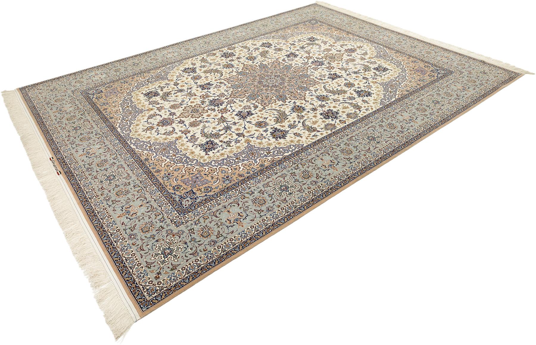 Persischer Isfahan Teppich, handgeknüpft, 13,2 × 9,8 Fuß - Türkis, Elfenbein und Beige (Handgeknüpft) im Angebot