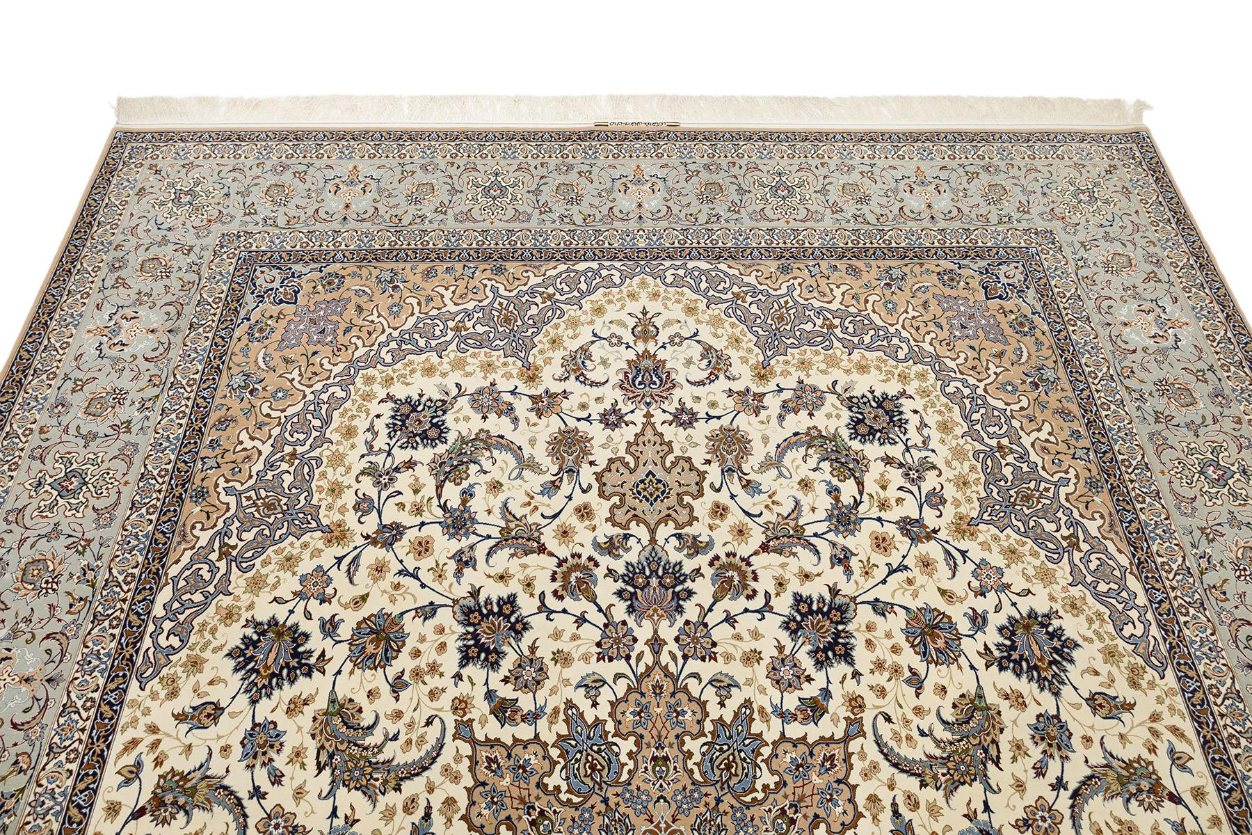 Persischer Isfahan Teppich, handgeknüpft, 13,2 × 9,8 Fuß - Türkis, Elfenbein und Beige im Zustand „Hervorragend“ im Angebot in North Bergen, NJ