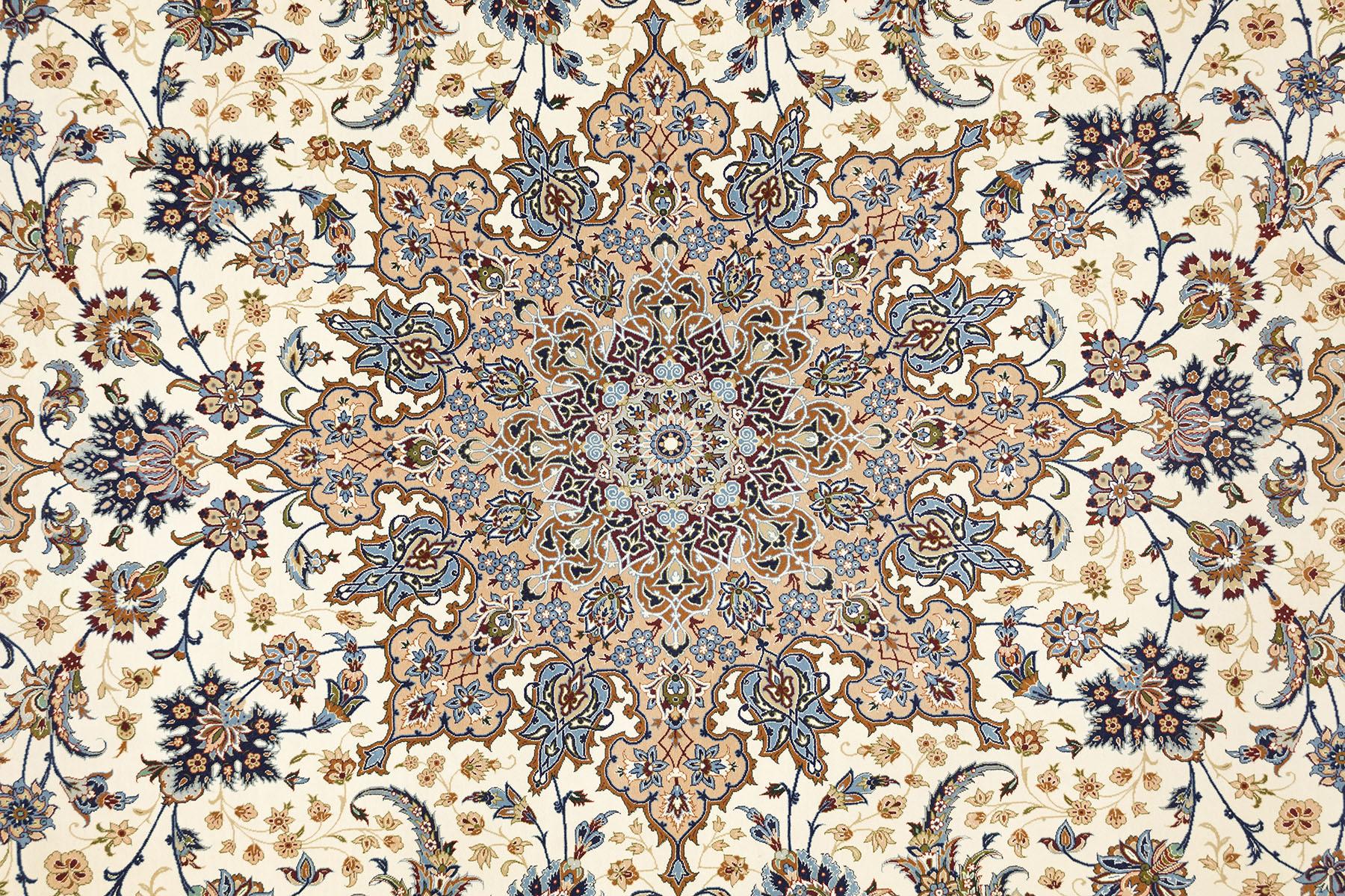 Persischer Isfahan Teppich, handgeknüpft, 13,2 × 9,8 Fuß - Türkis, Elfenbein und Beige (20. Jahrhundert) im Angebot