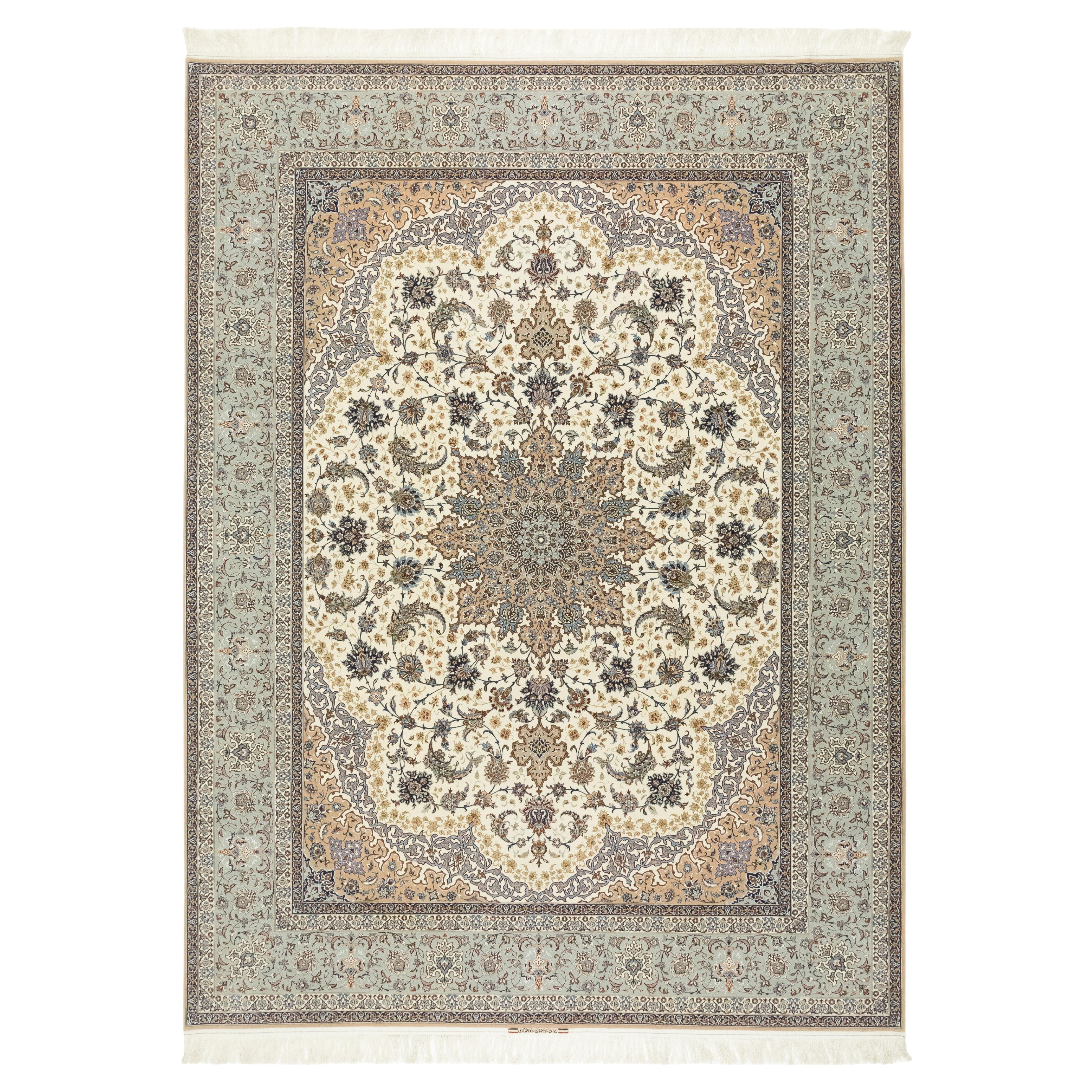 Persischer Isfahan Teppich, handgeknüpft, 13,2 × 9,8 Fuß - Türkis, Elfenbein und Beige im Angebot