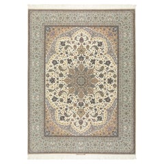 Persischer Isfahan Teppich, handgeknüpft, 13,2 × 9,8 Fuß - Türkis, Elfenbein und Beige