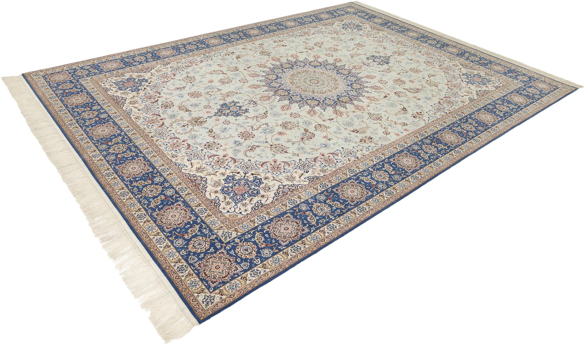 Persischer Isfahan Teppich, handgeknüpft, 13,4 × 9,9 Fuß - Elfenbein, Blau und Beige (Handgeknüpft) im Angebot