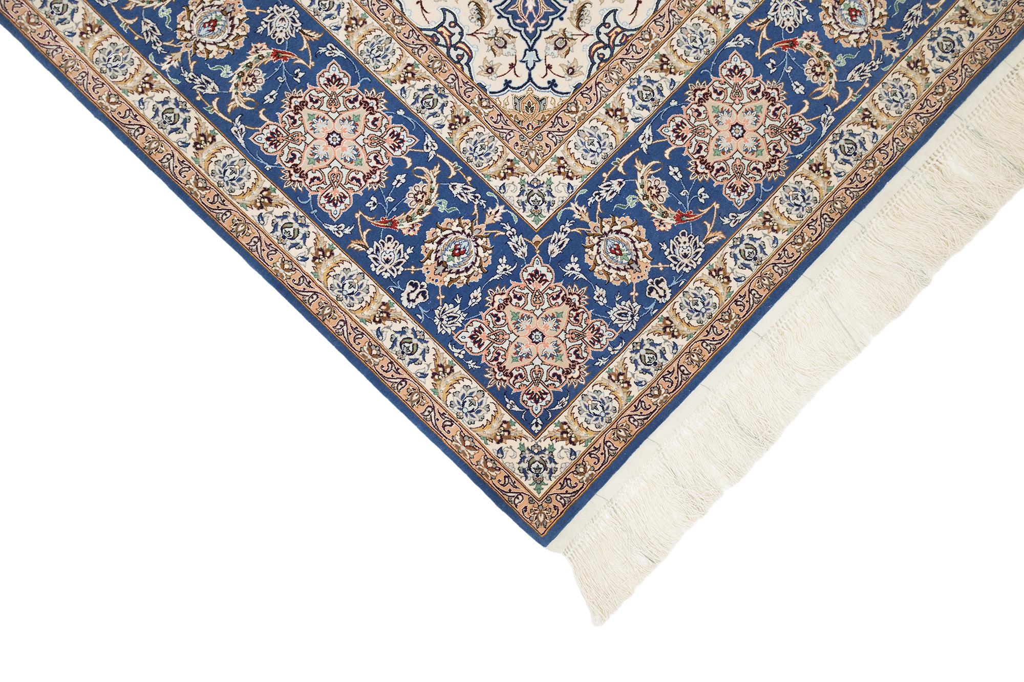 Persischer Isfahan Teppich, handgeknüpft, 13,4 × 9,9 Fuß - Elfenbein, Blau und Beige im Angebot 1
