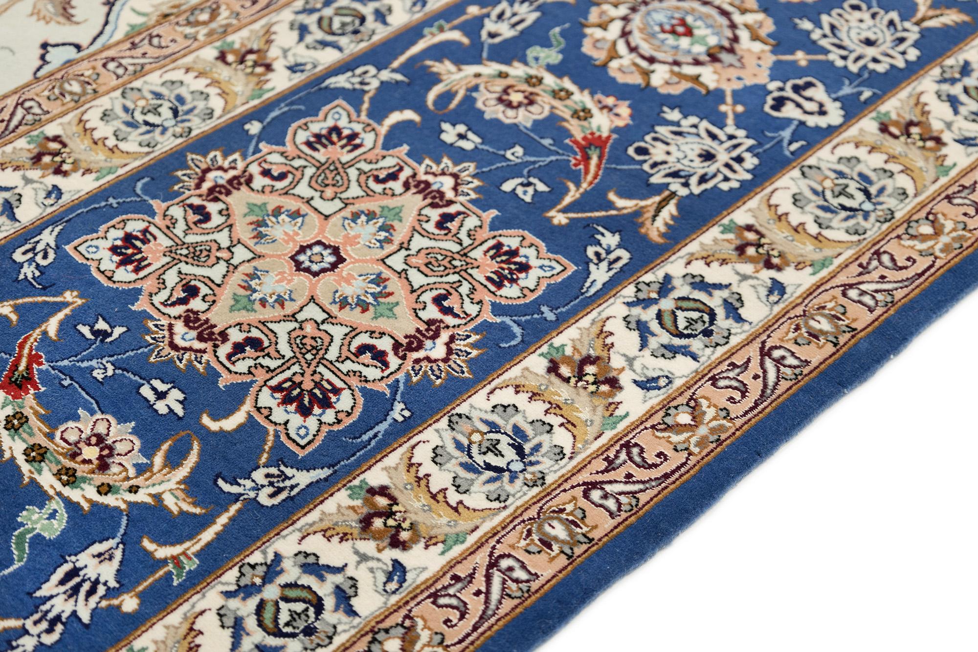 Persischer Isfahan Teppich, handgeknüpft, 13,4 × 9,9 Fuß - Elfenbein, Blau und Beige im Angebot 2