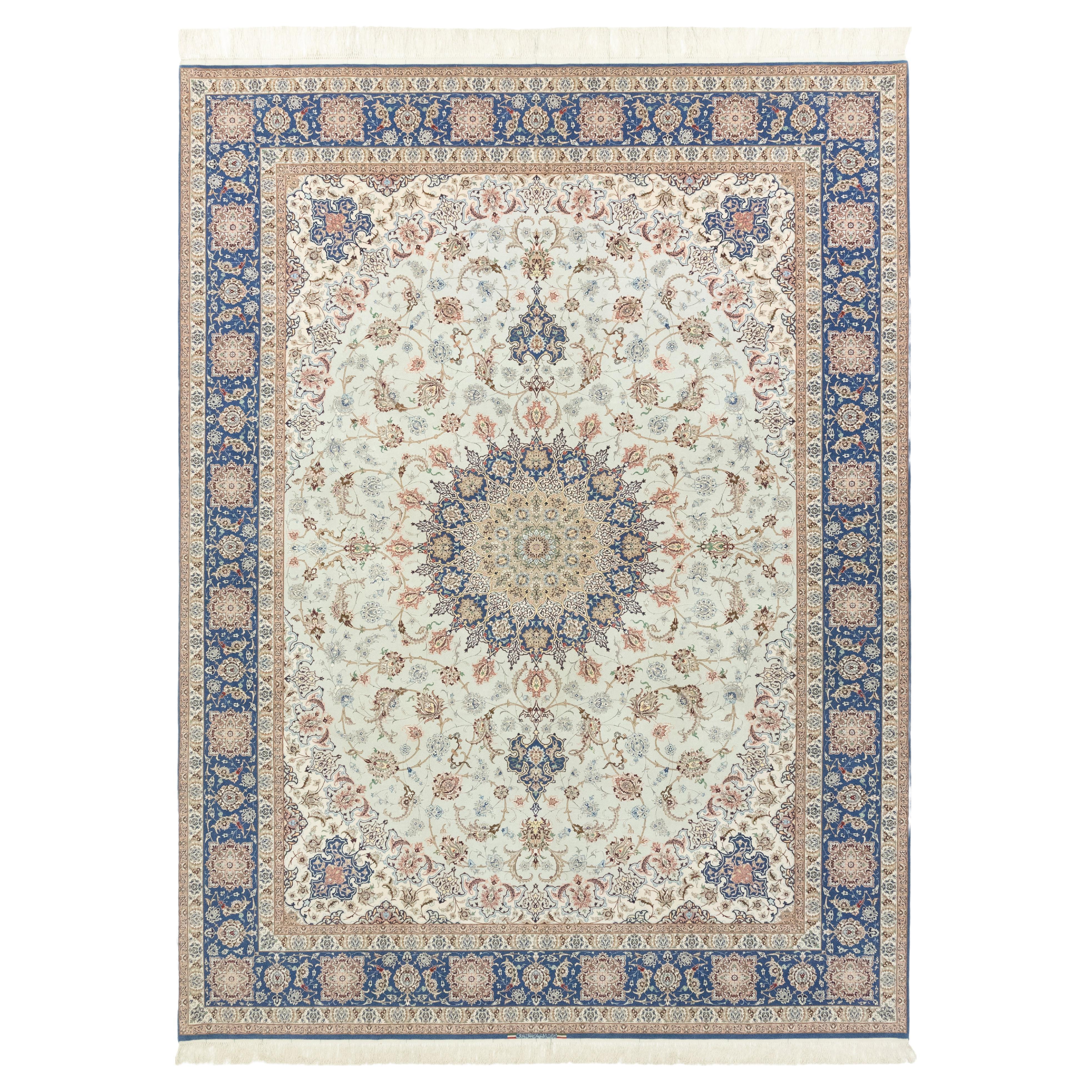 Persian Isfahan Rug, Hand Knotted, 13.4 × 9.9 ft – Ivory, Blue and Beige