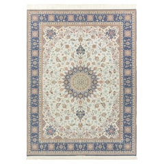 Persian Isfahan Rug, Hand Knotted, 13.4 × 9.9 ft – Ivory, Blue and Beige